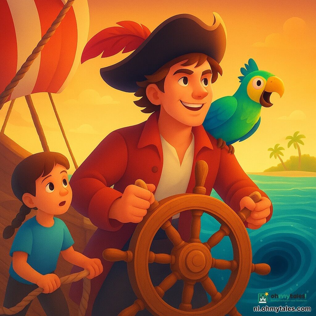 Een jonge piraat (man ~18–25) met warrig kastanjebruin haar en een grote hoed met een rode veer, glimlachend en vastberaden, handen aan een groot houten roer terwijl het schip keert; een kleurrijke papegaai (Piep) op zijn rechterschouder, groen-blauw-geel, snavel open en vleugels licht uitgespreid; een jongen van circa 8 jaar met bruine vlecht links op het dek die een touw vasthoudt en verwonderd naar de horizon kijkt; oud houten schip met getextureerde planken, knopen en een rood-wit gestreepte zeil, glinsterende turkooizen zee, een grote donkere draaikolk rechtsvoor en in de verte een eiland met goudkleurig zand en palmen bij zonsondergang; de piraat stuurt stevig om de draaikolk te ontwijken, de papegaai waarschuwt, de jongen helpt met het touw — dynamische, warme en contrastrijke sfeer van avontuur en moed.