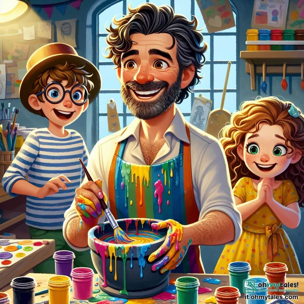 Un uomo di mezza età, Marco, si trova al centro della scena, con capelli ricci e una barba di qualche giorno. Il suo viso esprime una gioia contagiosa mentre mescola colori vivaci in un grande vaso di resina, con gli occhi pieni di creatività. Indossa un grembiule colorato, macchiato di vernice, e le sue mani sono coperte di colori brillanti. Alla sua destra, una bambina di circa 8 anni, con capelli ricci, osserva con meraviglia. Indossa un vestito giallo e tiene un pennello in mano, pronta a creare. Il suo sorriso radioso mostra la sua eccitazione e ammirazione per Marco. A sinistra, un ragazzo di 10 anni, con occhiali e un cappello a cilindro, è piegato su un tavolo, concentrato sulla creazione di una scultura in resina. I suoi occhi brillano di determinazione e indossa una maglietta a righe colorate. La scena si svolge nella charmante bottega di Marco, piena di barattoli di vernice, pennelli di tutte le dimensioni e opere d'arte appese alle pareti. La luce del sole filtra attraverso le finestre, illuminando i colori vibranti e creando un'atmosfera calda e ispiratrice. In questa illustrazione, Marco insegna ai bambini come mescolare i colori e creare opere d'arte uniche, condividendo con loro la sua passione e la sua magia creativa.