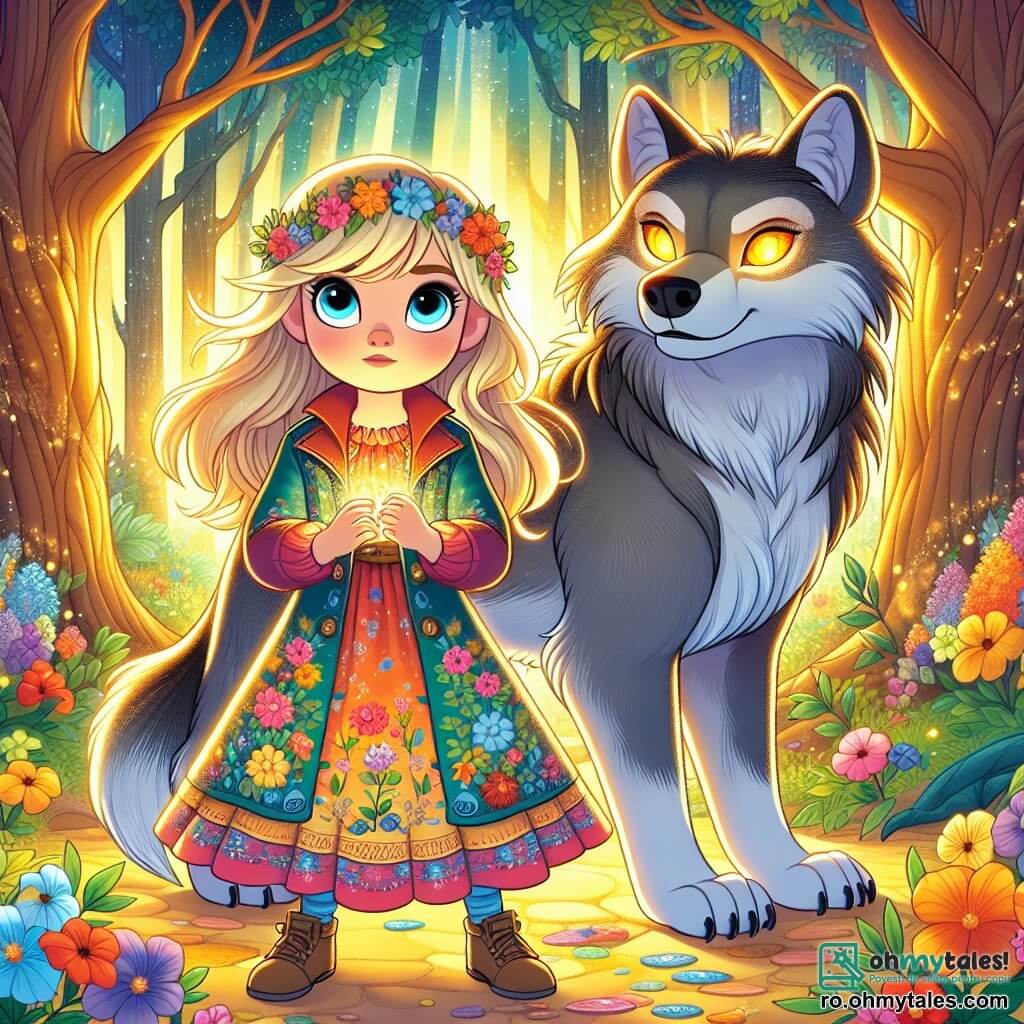 O fetiță de 8 ani, numită Eliza, se află în centrul scenei, cu părul auriu strălucind în soare și cu ochii albaștri plini de curiozitate și curaj. Ea poartă o rochie colorată cu motive florale și ține în mâini o mică hartă a comorii, privind cu hotărâre spre orizont. Lângă ea, un lup mare cu ochi strălucitori și blană gri, stă ușor înapoi, observând cu o expresie blândă și protectoare, pregătit să o ajute în căutarea ei. Decorul este o pădure fermecată, cu copaci majestuoși și trunchiuri groase, ale căror frunze strălucesc în culori variate sub razele soarelui. Flori multicolore acoperă solul, iar razele de lumină filtrează printre ramuri, creând o atmosferă magică și primitoare. Situația principală arată cum Eliza și lupul se pregătesc să exploreze pădurea în căutarea comorilor ascunse, cu un amestec de excitație și mister în aer, îndreptându-se împreună spre necunoscut, gata să descopere secretele pădurii.