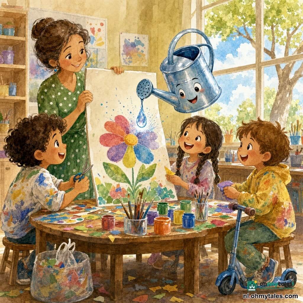 Een glanzende, blauwzilverige antropomorfe gieter met ronde glimlachende ogen helt voorover en laat één glinsterende druppel op een bloem op een grote poster vallen; links staat een vriendelijke middelbare juffrouw met opgestoken haar en een groene jurk die de poster vasthoudt en teder naar de gieter kijkt; rechts en voor de poster zitten drie kinderen (een krullende jongen, een meisje met vlechten, een kind met een step) met kleurvlekken op hun kleren, lachend en knippend en plakend; het lichte klaslokaal met grote ramen, een houten tafel met verfpotjes, penselen en een klein zakje met knutsels, en een vloer met verfvlekken; centrale scène: de druppel raakt de bloem terwijl iedereen glimlacht, gezellige samenwerking, warme aquarelkleuren en subtiele spatjes die beweging en magie suggereren.