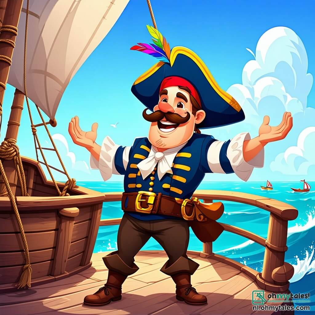 In het midden van de afbeelding staat de hoofdpersoon, kapitein Bink, een man van dertig jaar met een grote snor en een stralende glimlach. Hij draagt een piratenhoed met een kleurrijke veer en een gestreepte blouse. Trots staat hij op het dek van zijn schip, de Zeester, met open armen, terwijl hij vol vreugde naar de horizon kijkt. Naast hem houdt Piraat Piet, een 10-jarig jongetje met een rommelige haardos en een kleine litteken op zijn wang, stevig het roer vast, met een nerveuze maar vastberaden uitdrukking. Iets verderop bekijkt Piraat Petra, een 12-jarig meisje met vlechten en een rode bandana, een schatkaart, haar gezicht verlicht door de opwinding van het avontuur. De setting is een uitgestekte blauwe oceaan, bezaaid met glinsterende golven onder een zonnige lucht, met groene eilanden aan de horizon. Het houten schip is versierd met kleurrijke vlaggen die in de wind wapperen. De hoofdsituatie toont kapitein Bink en zijn bemanning die enthousiast naar het onbekende varen, klaar om uitdagingen aan te gaan en de legendarische Gouden Schelp te ontdekken, terwijl ze piratenliederen zingen.