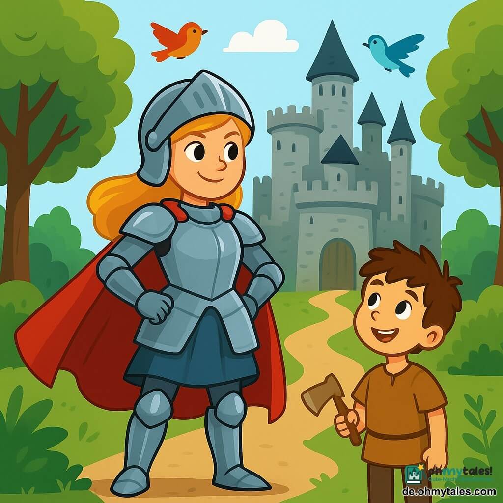 Eine mutige Ritterin mit glänzender Rüstung und einem langen roten Umhang, der hinter ihr weht, steht stolz vor einer hohen und imposanten Festung. Ihr Gesicht drückt Entschlossenheit und Güte aus, mit funkelnden Augen voller Mut. Neben ihr steht ein etwa 10-jähriger Junge mit zerzausten braunen Haaren in einem einfachen Tunika, der die Ritterin bewundernd ansieht und eine kleine Holzachse hält. Der Ort ist ein grüner Wald mit majestätischen Bäumen und leuchtend grünen Blättern, und ein Erdweg führt zur Festung, deren Mauern aus grauen, rauen Steinen bestehen und von hohen Türmen gekrönt sind. Die Hauptsituation zeigt die Ritterin, die bereit ist, in die Festung einzutreten, um einen Freund zu retten, mit entschlossenem Blick, während der Junge, voller Hoffnung, sie mit einem Lächeln ermutigt. Bunte Vögel fliegen über ihnen und verleihen dieser heroischen Szene einen Hauch von Magie.