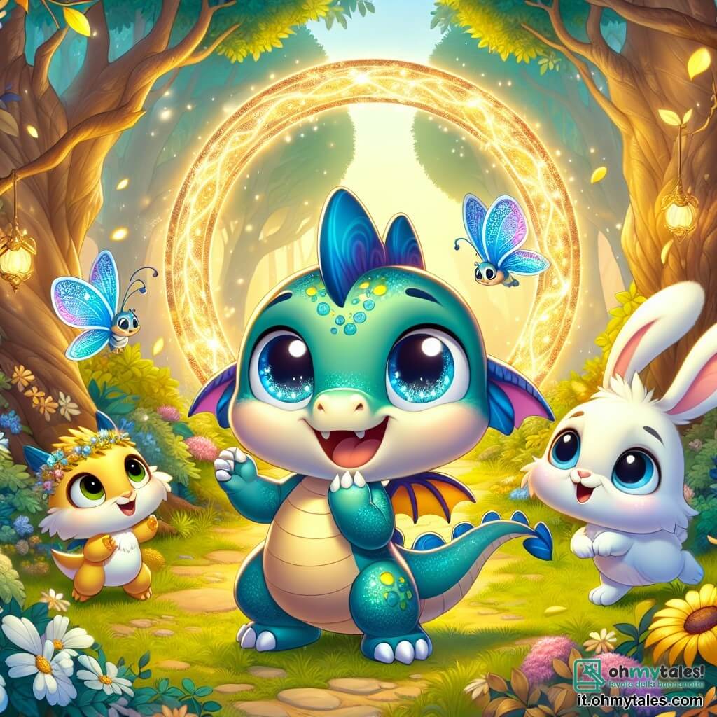 Un piccolo draghetto di nome Drilly, con squame brillanti blu e verdi, esprime grande curiosità ed eccitazione avvicinandosi a un cerchio luminoso. Ha grandi occhi scintillanti e un sorriso gioioso, con le sue piccole ali pronte a spiccare il volo. Accanto a lui, Luna, una delicata farfalla dalle ali dorate scintillanti, vola in cerchio attorno a lui, mostrando un'espressione meravigliata. Un po' più in là, Tino, un adorabile coniglio dalle lunghe orecchie e pelo bianco, salta con entusiasmo, con gli occhi sbarrati per la sorpresa e la gioia. Il luogo è un magnifico boschetto incantato, pieno di alberi maestosi con foglie colorate, fiori brillanti e una dolce luce dorata che filtra tra i rami. Al centro, un grande cerchio luminoso emette un bagliore magico, circondato da una leggera e scintillante nebbia. La situazione principale mostra Drilly, Luna e Tino insieme davanti al cerchio, pronti a entrare in un tunnel scintillante che li porterà verso un'incredibile avventura nel tempo, con i volti illuminati dall'eccitazione e dall'anticipazione.