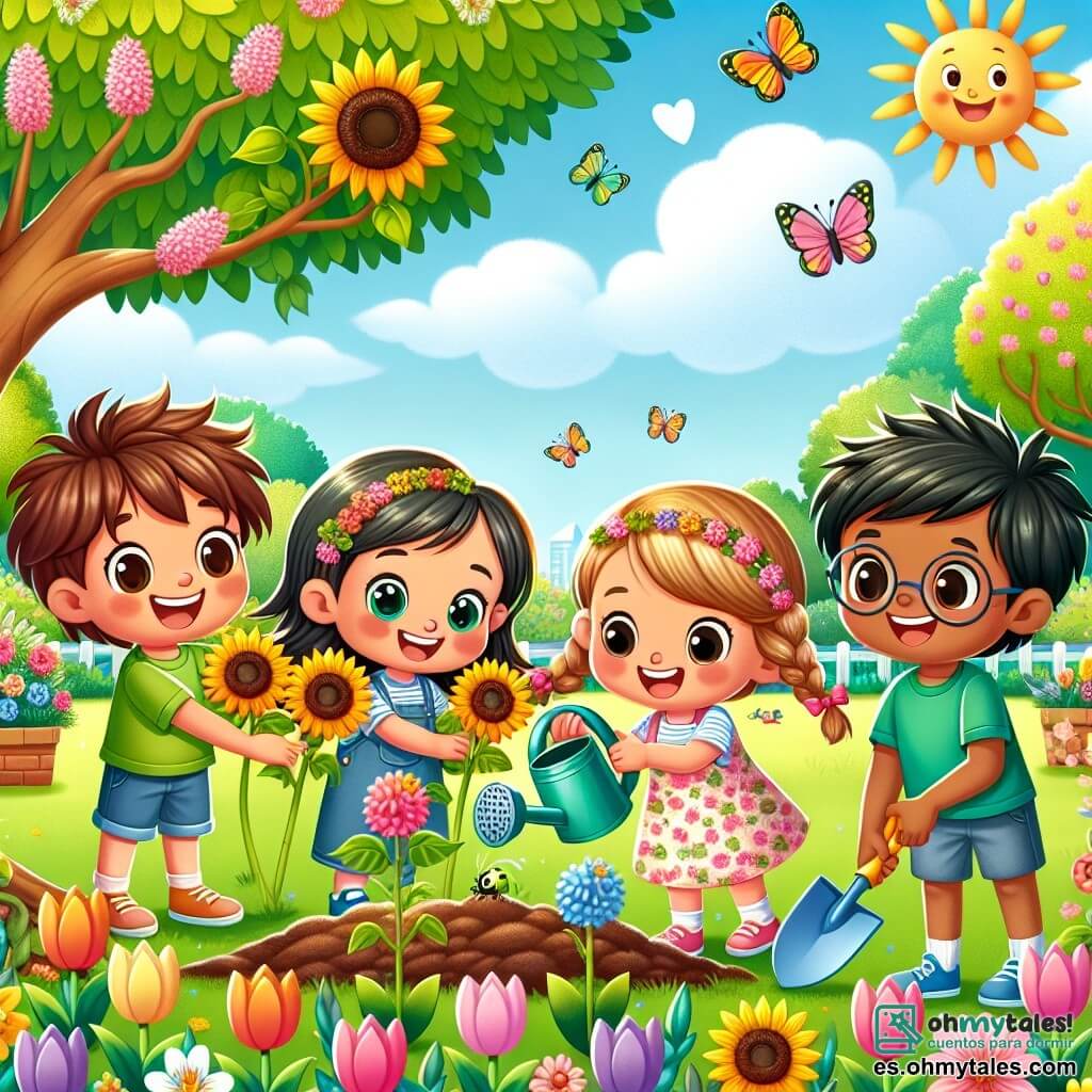 En un parque soleado, cuatro amigos se reúnen para celebrar el Festival de Primavera. A la izquierda, Lucas, un niño de 8 años con cabello castaño desordenado y una camiseta verde, se agacha para plantar un gran girasol. Junto a él, Emma, una niña de 7 años con largas trenzas rubias y un vestido rosa con flores, sonríe mientras riega tulipanes coloridos. En el centro, Diego, un niño de 9 años con cabello negro y gafas redondas, observa una pequeña mariquita en una hoja mientras sostiene una pala. Finalmente, a la derecha, Tomás, un niño de 8 años con cabello castaño y un pantalón corto azul, baila alegremente sosteniendo un cartel "Cuidemos de la naturaleza". El parque está lleno de vegetación brillante, con árboles en flor y mariposas de colores volando alrededor de los niños bajo un cielo azul claro. La escena muestra a los niños trabajando juntos para plantar flores, riendo y disfrutando de la belleza de la naturaleza en primavera.