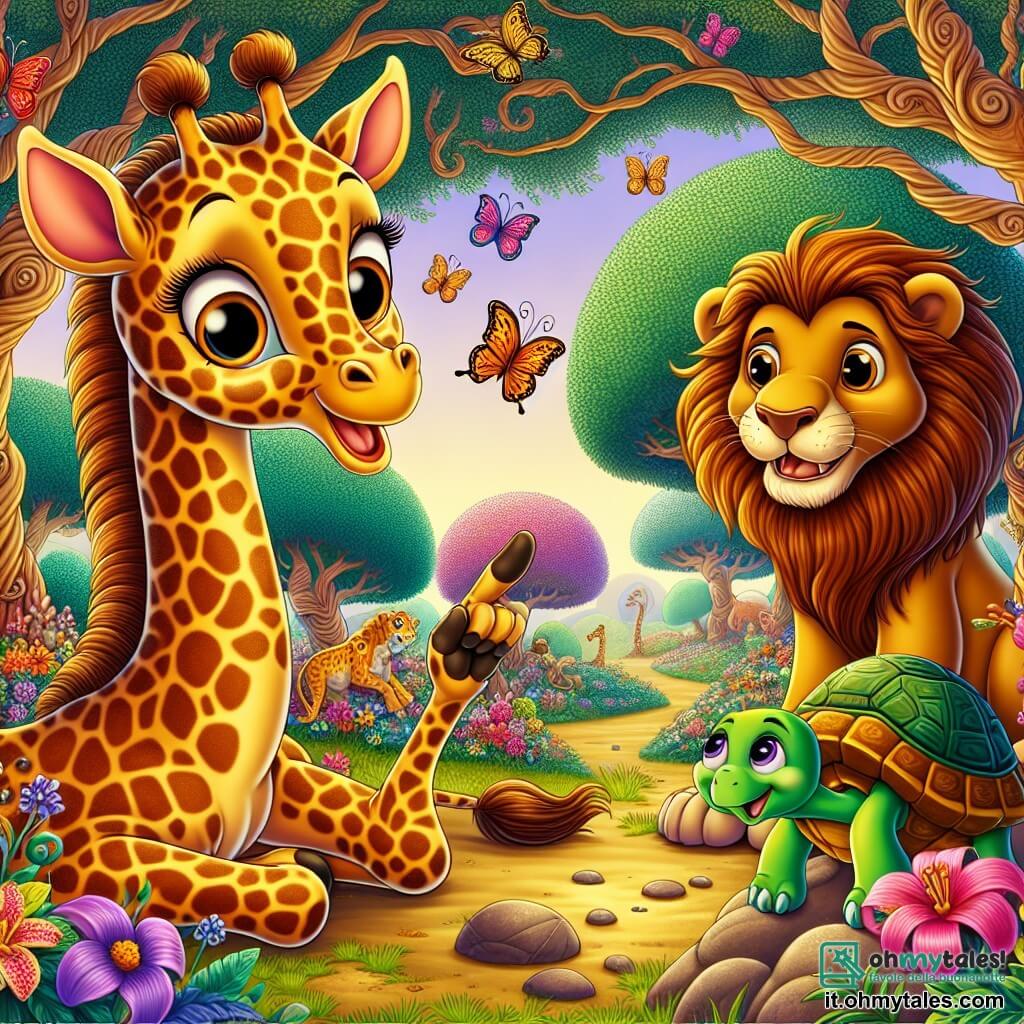 Una giraffa di nome Gigi, con un lungo collo elegante e macchie dorate sulla pelle, si trova al centro dell'immagine, con gli occhi brillanti di curiosità e un grande sorriso sul volto. Accanto a lei, un leone di nome Leo, con una criniera flamboyante e uno sguardo amichevole, racconta una storia gesticolando con le zampe anteriori. Più lontano, una piccola tartaruga di nome Tina, con un guscio verde e occhi saggi, ascolta attentamente seduta su una roccia. Sullo sfondo, un giardino incantato si estende a perdita d'occhio, pieno di fiori colorati che danzano al vento, alberi dai tronchi contorti e farfalle multicolori che volano gioiosamente. La scena mostra Gigi e i suoi amici riuniti in questo luogo magico, pronti a vivere una nuova avventura insieme, circondati dalla bellezza della natura e dell'amicizia.