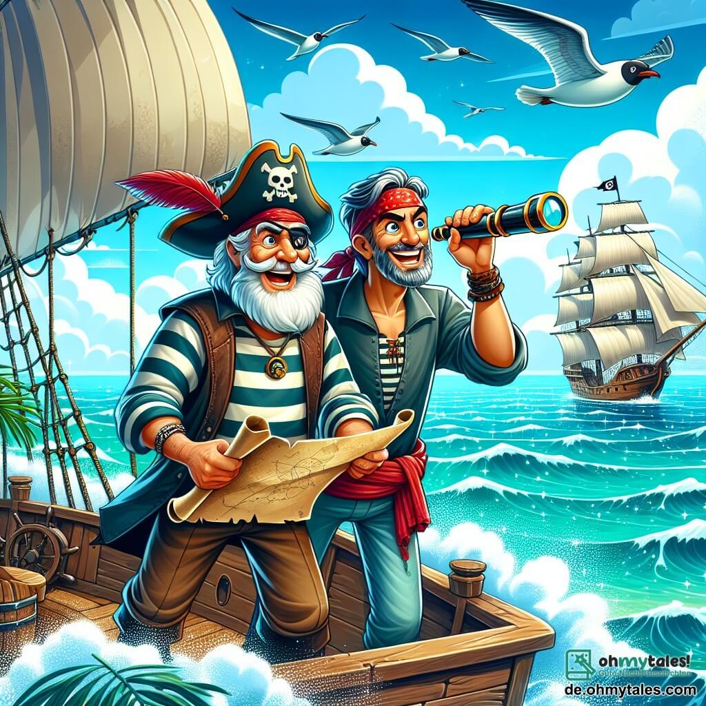 Der Hauptcharakter, Käpt'n Karl, ist ein etwa 60-jähriger Mann mit einem langen weißen Bart und einem abgewetzten Piratenhut. Er trägt ein gestreiftes Hemd und eine Lederweste, und sein Gesicht zeigt eine fröhliche Entschlossenheit, während er eine Schatzkarte hochhält, bereit für das Abenteuer. Neben ihm steht Matrose Max, ein etwa 50-jähriger Mann mit grauen Haaren und einem schelmischen Lächeln, der ein Fernglas hält und aufgeregt in die Ferne schaut. Er trägt ein rotes Bandana und eine Baumwollhose und steht etwas im Hintergrund, bereit, seinem Freund zu folgen. Die Szene spielt auf dem Deck des Schiffes "Schimmernde Seemöwe", einem Piratenschiff mit weißen Segeln, das auf einem funkelnden türkisfarbenen Meer schwimmt, mit sanften Wellen und Möwen, die darüber fliegen. Der Himmel ist blau mit einigen weißen Wolken, und in der Ferne ist eine geheimnisvolle Insel mit Palmen zu sehen. Die Hauptsituation zeigt Käpt'n Karl und Matrose Max, enthusiastisch und bereit für das Abenteuer, während sie hoffnungsvoll und entschlossen in die Ferne blicken, auf dem Weg zu einer Insel, wo ein Schatz verborgen ist.