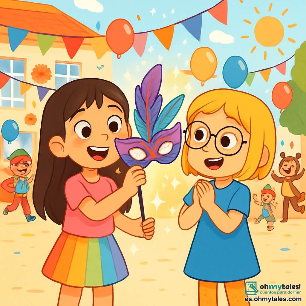 Hay 2 personajes principales: Sofía, una niña de 10 años con cabello largo y castaño, ojos brillantes, una camiseta rosa y una falda colorida, que sostiene una hermosa máscara decorada con plumas, sonriendo y emocionada a la izquierda; y Valeria, también de 10 años, con cabello rubio corto y gafas redondas, vestida con un vestido azul y medias con patrones, mirando la máscara con asombro a la derecha de Sofía. La escena se desarrolla en un patio escolar vibrante, lleno de guirnaldas brillantes y globos multicolores, donde niños disfrazados juegan, creando una atmósfera alegre. Sofía y Valeria descubren la magia de la máscara, listas para compartir su alegría con sus compañeros mientras risas y gritos de felicidad resuenan a su alrededor.