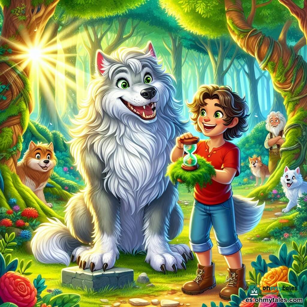 Un hombre lobo amistoso, llamado Lupo, se encuentra en el centro de la escena, con un pelaje suave y sedoso, de color gris plateado, y grandes ojos brillantes y expresivos, llenos de alegría y entusiasmo. Sonríe ampliamente, mostrando sus dientes blancos, y su cola esponjosa se agita alegremente. A su lado, un niño de 10 años, llamado Tomás, con cabello castaño desordenado y ojos chispeantes de curiosidad, lleva una camiseta roja y un pantalón corto azul. Mira a Lupo con admiración, sosteniendo una pequeña horqueta de musgo en sus manos, listo para usarla para salvar el tiempo. El escenario se desarrolla en un claro verde del Bosque de los Secretos, rodeado de árboles majestuosos con troncos gruesos y hojas brillantes, mientras un suave rayo de sol filtra a través de las ramas, iluminando la escena con una luz dorada. La situación principal muestra a Lupo y Tomás preparándose para colocar la horqueta de musgo sobre un antiguo altar de piedra, rodeado de flores coloridas y criaturas fantásticas que los observan con esperanza, mientras se disponen a restaurar el equilibrio del tiempo en este mundo mágico.