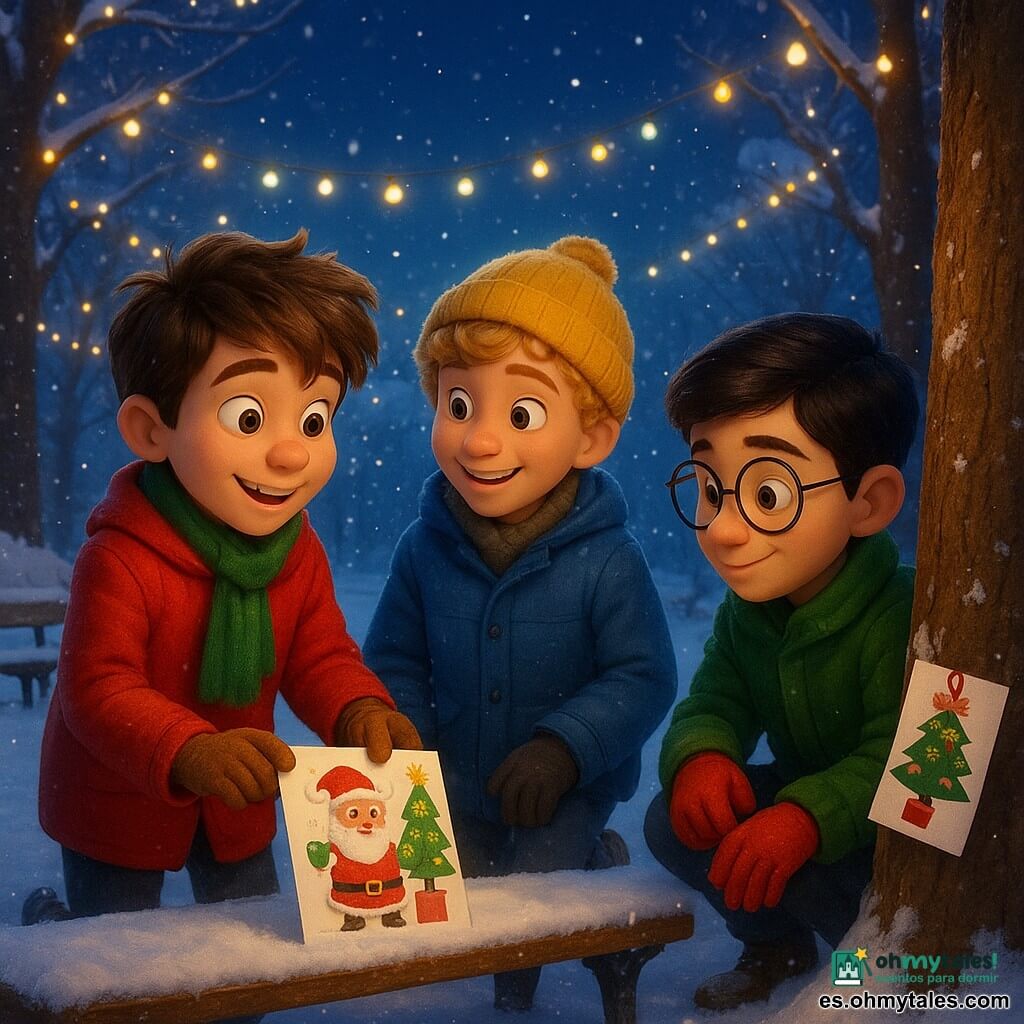 Hay 3 personajes: - Un chico llamado Lucas, de 12 años, con cabello castaño despeinado y ojos llenos de picardía. Lleva un abrigo rojo brillante y una bufanda verde. Está colocando una tarjeta de felicitación en un banco cubierto de nieve. - Un chico llamado Mateo, de 11 años, con cabello rubio y rizado, y una sonrisa traviesa. Viste un abrigo azul y un gorro amarillo. Está al lado de Lucas, observando atentamente. - Un chico llamado Santiago, de 12 años, con cabello negro y gafas redondas. Lleva un abrigo verde y guantes rojos. Está agachado cerca de un árbol, colocando otra tarjeta de felicitación. El lugar es un parque nevado, con árboles cubiertos de nieve brillante y luces de Navidad colgando de las ramas. El suelo está cubierto por una capa gruesa de nieve inmaculada, y hay bancos de madera dispersos en el parque. La situación principal muestra a los tres chicos distribuyendo tarjetas de felicitación coloridas en el parque, bajo un cielo estrellado. Las tarjetas están adornadas con dibujos festivos y pequeños regalos adjuntos. El ambiente es alegre y mágico, con copos de nieve cayendo suavemente a su alrededor.