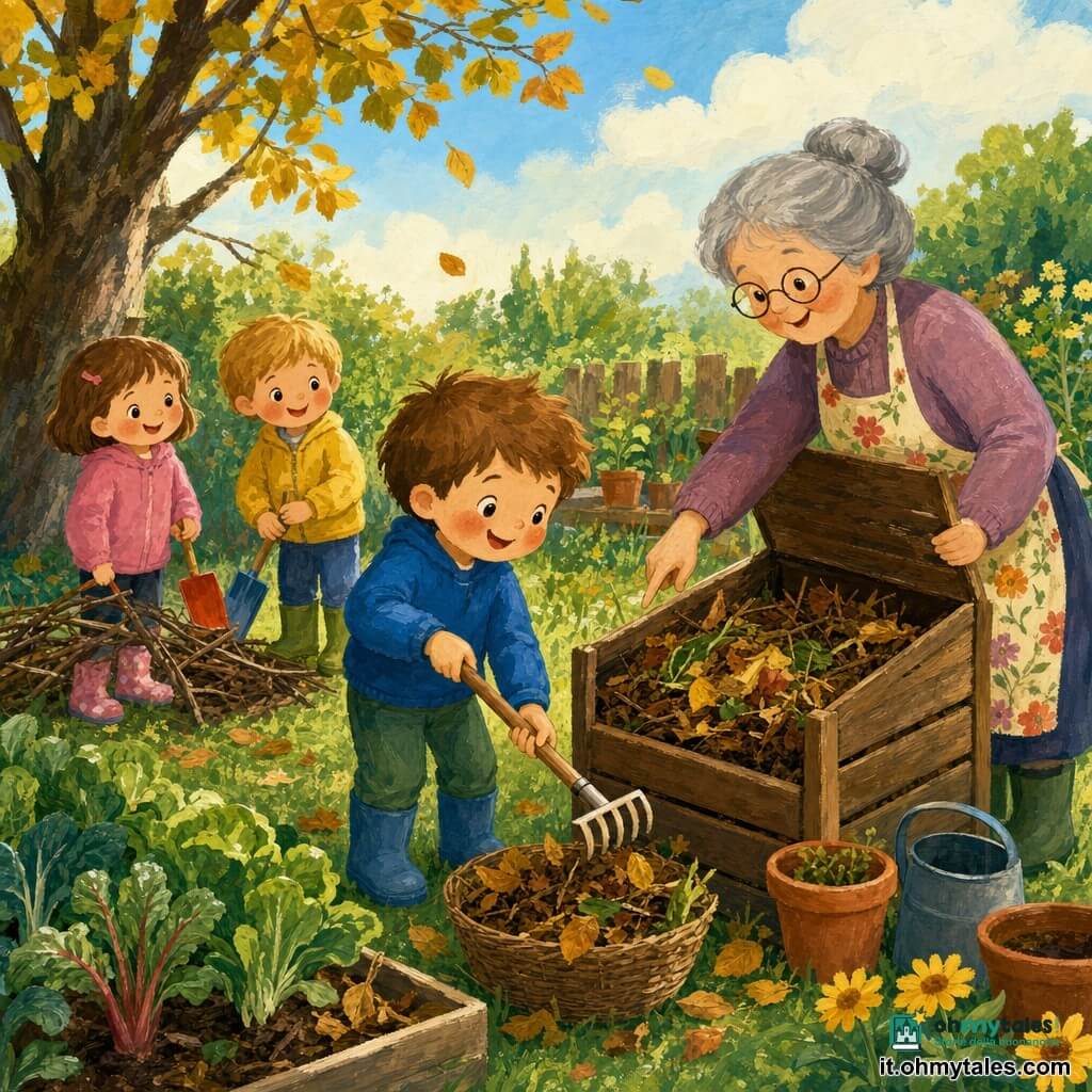 Un bambino di 4 anni dal viso rotondo e guance rosate, capelli castano chiaro spettinati, espressione gioiosa e concentrata, tiene un piccolo rastrello di legno e raccoglie foglie secche in un cesto marrone; la nonna, circa 70 anni, capelli grigi raccolti in chignon, occhiali tondi, sorriso dolce e grembiule a fiori, gli mostra dove mettere le foglie stando accanto a lui; due amici (una bimba e un bimbo di 4–5 anni) sullo sfondo vicino a un mucchio di rami, curiosi e sorridenti, ognuno con una paletta colorata; il giardino è un piccolo orto soleggiato con aiuole di verdure, un compostore di legno aperto, vasi in terracotta, erba verde, fiori gialli e un albero alto che perde qualche foglia; la scena mostra la raccolta, il triage e il compostaggio di foglie e rami depositati gentilmente nel compostore, atmosfera calda e colorata, pennellate visibili e texture spesse di gouache con tocchi di luce morbida.