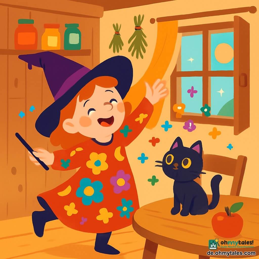 Eine fröhliche Hexe namens Mimmi mit einem großen, leicht schiefen Spitzhut trägt ein buntes Kleid mit Blumen- und Mondmustern. Ihr Gesicht ist lächelnd, mit rosigen Wangen und funkelnden Augen. Sie tanzt um einen Holztisch und singt fröhlich. Neben ihr sitzt Kiki, eine kleine schwarze Katze mit leuchtend grünen Augen, die neugierig zuschaut. Kiki sitzt auf einem Stuhl, mit aufgerichteten Ohren, bereit, eine der bunten Gedanken zu fangen, die in der Luft schweben. Die Szenerie ist eine gemütliche Küche mit Holzwänden, Regalen voller bunter Gläser und einem offenen Fenster, das goldenes Sonnenlicht hereinlässt. Über dem Tisch hängen getrocknete Kräuter, und ein süßer Duft von Äpfeln und Zimt liegt in der Luft. Die Hauptsituation zeigt Mimmi und Kiki, die farbige Gedanken einfangen, während ein leichter Wind die Vorhänge tanzen lässt.