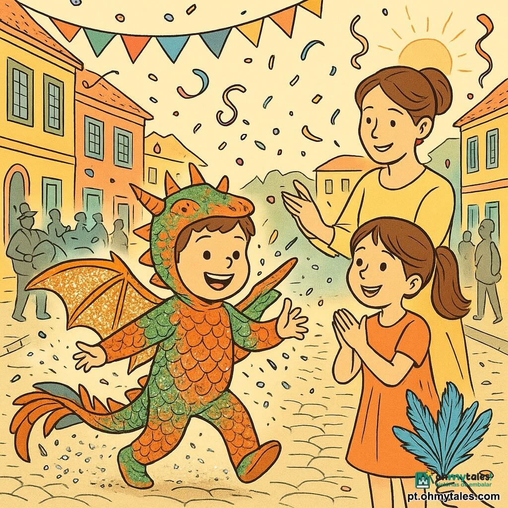 Menino de 4 anos, rosto redondo, cabelo castanho curto, olhos brilhantes e sorriso largo, veste fantasia de dragão colorida com escamas brilhosas, grandes asas cintilantes e longa cauda de penas; dança girando e solta purpurina prateada. Ao seu lado direito, menina de 5 anos (Sofia), cabelos castanhos em tranças, rosto sorridente e concentrado, segura um buquê de penas azuis e aplaude. Mulher adulta (mãe), cabelo preso, ajusta a capa, fica um pouco atrás, sorrindo e orgulhosa. Cena numa rua de carnaval com casas coloridas, guirlandas multicoloridas, confetes e serpentinas ao vento sob um céu ensolarado; transeuntes desfocados e músicos ao fundo criam ambiente festivo sem roubar a atenção. Situação principal: o menino dançando no meio do desfile, asas abertas e purpurina voando, luz quente sobre tecidos brilhantes. Estilo: line art fino a tinta, traços nítidos e expressivos, detalhes gráficos de escamas, penas e confetes, composição centrada nas interações e na expressão alegre.