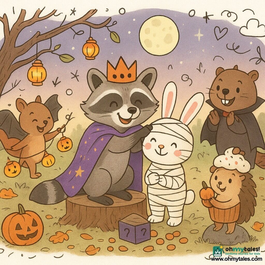 Oliver, a smiling mischievous raccoon in a sparkling purple starry cape, crouches before a small log table and gently places an orange-and-black cardboard crown on Pip, a shy joyful little rabbit dressed as a mummy with fraying white cloth strips; Millie, a lively squirrel in a shiny black bat costume, hangs small paper lanterns on low branches to the left while laughing and hopping on her hind legs; Baxter, a beaver dressed as a vampire with two stick fangs, stands right in the background amused, applauding with his tail near a bowl of caramel acorns; Daisy, a hedgehog dressed as a cupcake, stands on a stone by the table holding a caramel acorn and smiling; the setting is the Spook Hollow clearing at twilight with orange and russet leaves on the ground, softly carved pumpkins, garlands of lanterns in twisted branches, a purple sky with a large round moon and pale stars; main scene: a warm friendly coronation with soft lantern light, detailed autumn decor and festive, kind atmosphere, includes a mystery box, painted “eye” stones and pumpkin-shaped confetti.