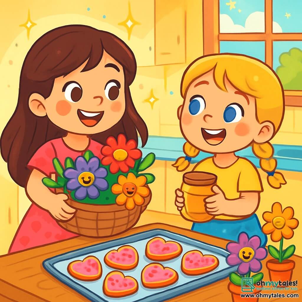 There are 2 main characters: Lila, an 8-year-old girl with long brown hair and sparkling eyes, wearing a pink dress with heart patterns and holding a large basket filled with colorful flowers; and Mia, a 7-year-old girl with braided blonde hair and bright blue eyes, dressed in a yellow t-shirt and polka dot skirt, holding a small jar of honey. The two girls are in a cozy kitchen with pastel yellow walls and sunlight streaming through the windows. On the table are heart-shaped cookies, freshly baked and decorated with pink icing and colorful sprinkles. Singing flowers are arranged around them, adding a magical touch to the atmosphere. The main scene shows Lila and Mia preparing a surprise for their grandmother, laughing joyfully, surrounded by their creations, with bursts of light and bright colors illuminating the scene.