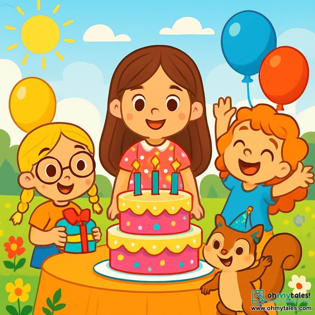 There are 4 characters: Emily, a 6-year-old girl with long brown hair and sparkling eyes, wearing a pink polka dot dress, standing in the center, smiling and ready to blow out her candles; Lucy, a 6-year-old girl with braided blonde hair and round glasses, to the left of Emily, holding a small colorful gift, her eyes shining with excitement; Mia, a 6-year-old girl with curly red hair and a blue t-shirt, to the right of Emily, jumping with joy and a big smile; and Sammy, a small brown squirrel with a party hat, in front of the girls, waving a paw cheerfully. The setting is a sunny garden filled with colorful flowers and floating balloons, featuring a large table decorated with a multi-layer birthday cake topped with sparkling candles. Sunlight brightens the scene, creating a joyful and festive atmosphere. The main situation shows the girls surrounded by birthday decorations, ready to sing and blow out the candles on the cake, while Sammy, the little squirrel, watches them with a big smile, adding a magical touch to this beautiful celebration.