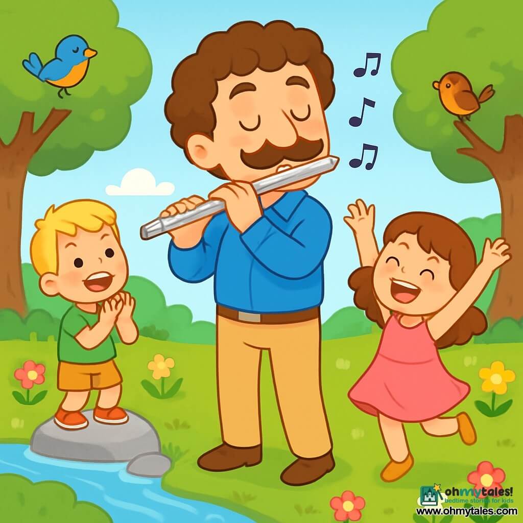 A joyful man, Mr. Harmony, is at the center of the image, with curly hair and a smiling mustache. He wears a bright blue shirt and beige pants, holding a silver flute, his eyes sparkling with happiness as he plays a cheerful melody. Beside him, a little girl with brown hair and bright eyes, dressed in a pink dress, dances joyfully with her arms raised to the sky. A small boy with blonde hair, wearing a green t-shirt, enthusiastically claps while standing on a stone near the river. The setting is a beautiful sunny park, with lush trees, colorful flowers, and a gentle stream winding through the grass. Birds sing in the branches, and butterflies flutter around the flowers. The main scene shows Mr. Harmony playing his flute, surrounded by children dancing and having fun, creating an atmosphere of joy and magic, where music unites everyone in a joyful celebration.
