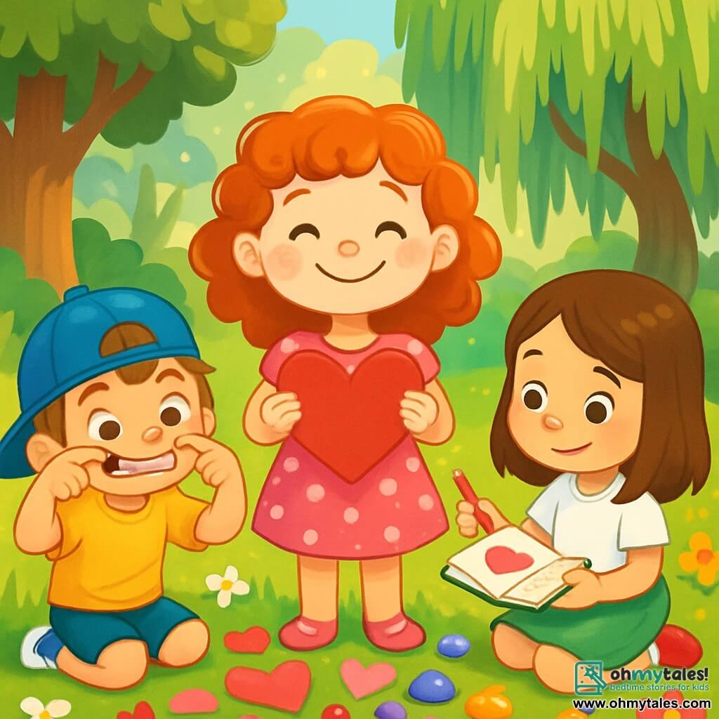 There are three characters: Rosie, a 7-year-old girl with curly red hair wearing a pink dress with white polka dots, is in the center, smiling and holding a large paper heart. Max, a 7-year-old boy with a slightly askew blue cap and a yellow t-shirt, is to the left of Rosie, making a funny face. Ella, a 7-year-old girl with straight brown hair wearing a green skirt and a white t-shirt, is to the right of Rosie, drawing in a small notebook with colored pencils. The scene takes place in a magical clearing surrounded by majestic trees and colorful flowers. The ground is covered with soft green grass, and sunlight filters through the leaves, creating bright patches on the ground. In the background, a large weeping willow with drooping branches adds a touch of mystery. The main situation shows the three friends preparing for their Valentine's Day show, laughing and having fun together, with paper hearts and shiny stones scattered around them.