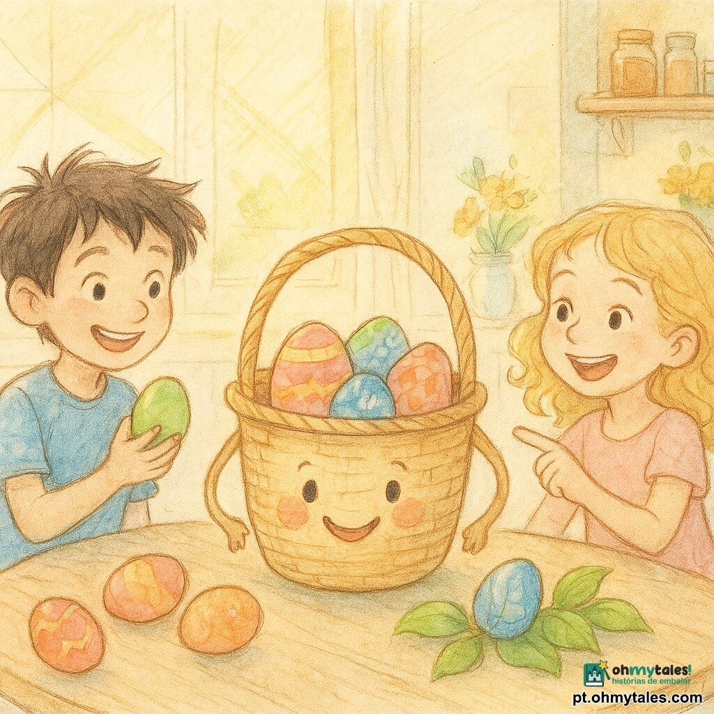 Uma pequena cestinha de vime chamada Cecília, com alças delicadas como braços, irradia alegria e cores pastel. Está sobre uma mesa de madeira em uma cozinha iluminada, cercada por ovos de Páscoa pintados à mão. Martim, um menino de oito anos com cabelo despenteado e um sorriso travesso, está à esquerda da mesa, segurando um ovo verde brilhante. Bia, uma menina de sete anos com cachos dourados e olhos cintilantes, está à direita, rindo e apontando para um ovo azul escondido sob uma folha de manjericão. A cozinha é banhada pela luz da manhã, com raios de sol dançando através de uma janela aberta, iluminando potes de especiarias e flores da primavera. A cena captura o momento mágico da caça aos ovos, onde cada descoberta é um brilho de felicidade e cumplicidade entre as crianças e Cecília.