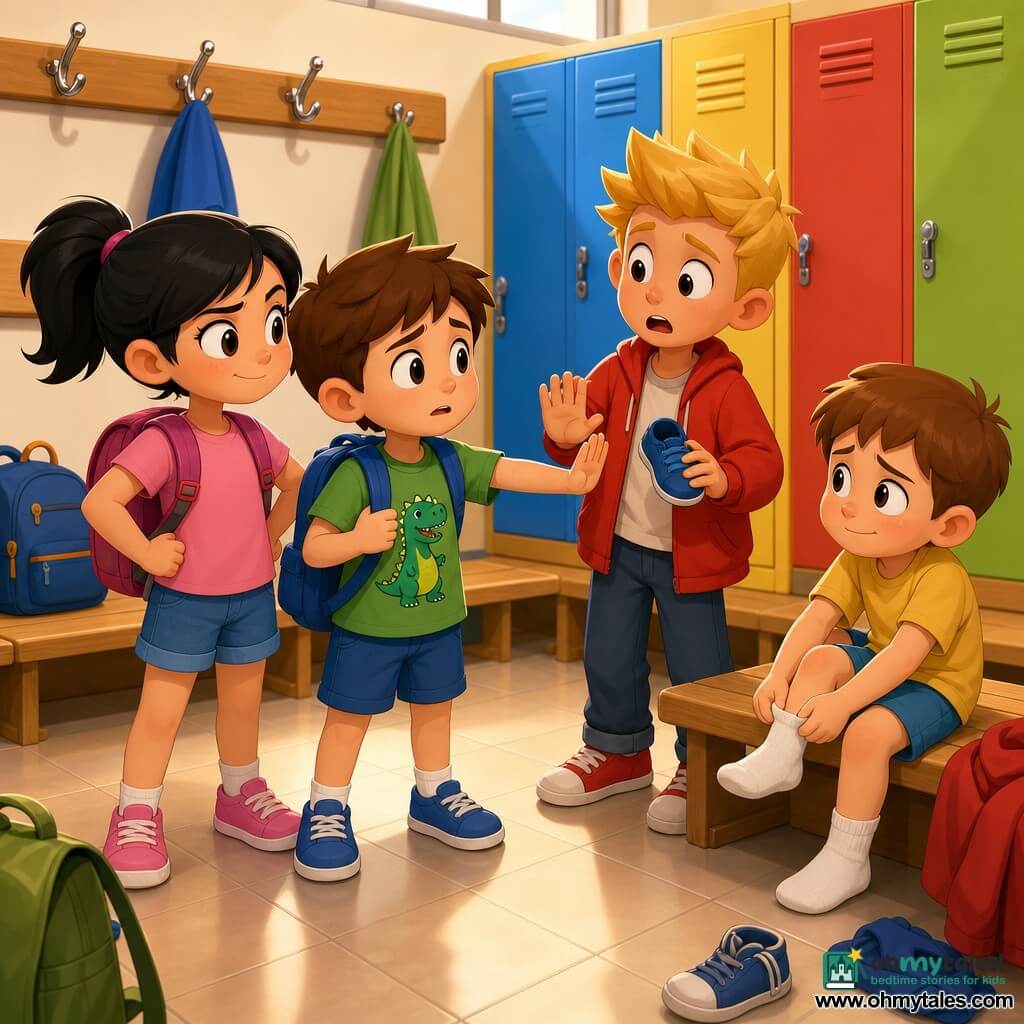 A brave-looking anxious 6-year-old boy with short brown hair, big bright eyes, wearing a green dinosaur T‑shirt and a blue backpack, stands slightly forward with a raised hand saying "stop"; to his left Mina, a determined supportive 6-year-old girl with black hair in a ponytail and pink sneakers, stands shoulder-to-shoulder looking confidently at the others; to the right a teasing-then-surprised blond spiky-haired boy of about 8 in an oversized red jacket holds a small blue shoe a few steps away, his motion paused; seated on a bench a sad but relieved 5–6-year-old Leo with brown hair watches as the 6-year-old helps him put on a half-worn sock; bright school locker room with light wood benches, metal hooks, colorful lockers, beige tiled floor and scattered bags, soft light and sharp cel-shaded shadows; scene of tension turned to support, the two children calmly confront the older boy while the helped child regains his shoe, creating an atmosphere of solidarity and safety, mid-shot composition, vivid colors and crisp outlines.