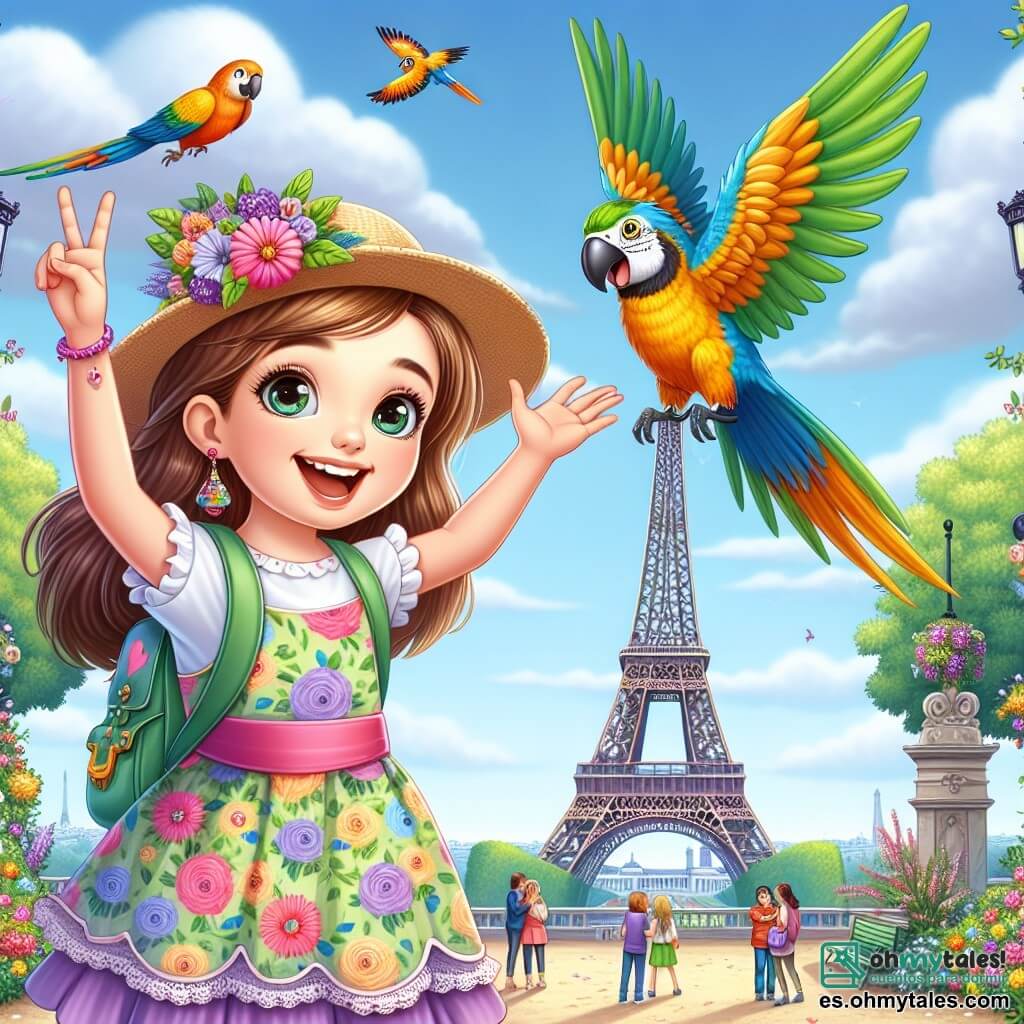 Una niña de 10 años, Clara, con largos cabellos castaños y ojos llenos de curiosidad, está frente a la majestuosa Torre Eiffel. Lleva un vestido colorido y una pequeña mochila, su rostro irradia alegría y asombro mientras levanta los brazos en señal de victoria. A su lado, un loro colorido llamado Pablo, con plumas verdes y amarillas, vuela alegremente a su alrededor, con las alas extendidas, añadiendo un toque de magia a la escena. Al fondo, turistas admiran la torre, mientras flores coloridas y árboles frondosos adornan el jardín. La escena transmite una atmósfera de felicidad y aventura, capturando la emoción de Clara al descubrir la belleza de París.