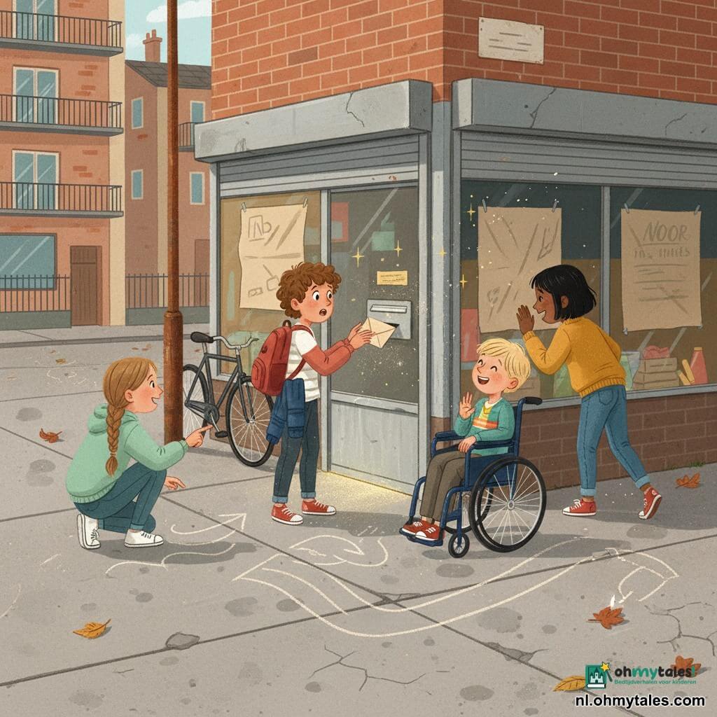Er zijn vier kinderen: een meisje, Mila (~11), kastanjebruin haar in een vlecht, draagt een mintgroene hoodie en witte sneakers, gehurkt links en met krijtpijlen op het trottoir wijst ze naar de winkeldeur; een jongen, Adam (~11), krullend bruin haar, rugzak rood en spijkerjack, staat in het midden en trekt verbaasd een beige envelop uit de brievenbus; een meisje, Noor (~11), kort zwart haar, mosterdgele trui en jeans, staat rechts met haar hand op het raam bedekt met kraftpapier en luistert naar binnen; een jongen, Sem (~11), blond, zit in een donkerblauwe rolstoel naast Adam, lacht en kijkt naar de envelop met zijn wielen op krijtsporen. Locatie: klein stedelijk pleintje achter gebouwen, gebarsten beton met krijttekeningen, een oude gesloten buurtwinkel met bruin papier op de ruiten en een metalen deur met een lage brievenbus; er ontsnapt een smalle glinsterende lichtstreep en gouden vonkjes onder de deur. Hoofdsituatie: de kinderen verzamelen zich bij de gesloten deur terwijl een envelop langzaam uit de brievenbus schuift en er een magisch, nieuwsgierig ontdekkingsgevoel hangt; krijtpijlen op de grond wijzen naar de brievenbus.