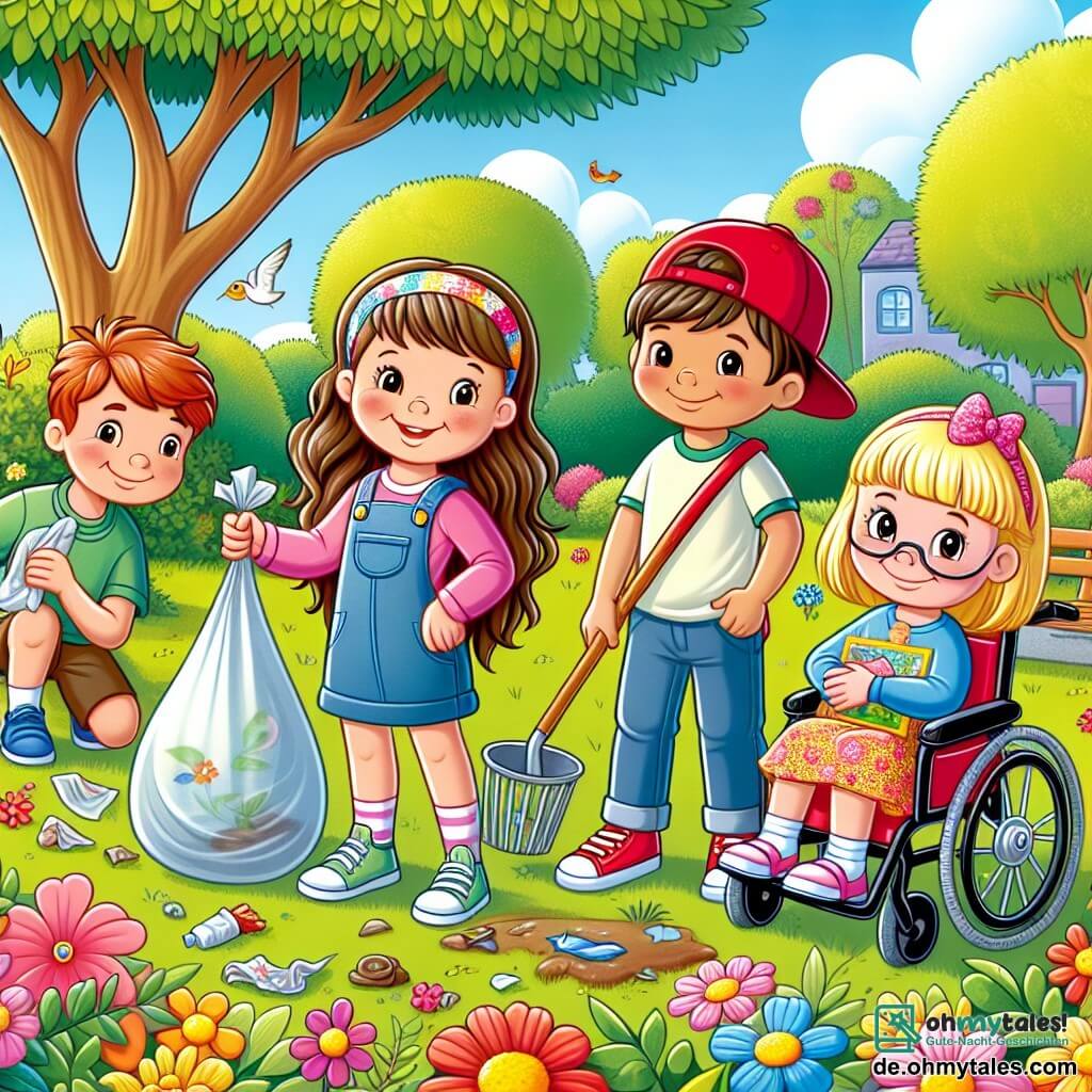 Vier Freunde sind in einem sonnigen Park versammelt: Mia, ein 8-jähriges Mädchen mit langen braunen Haaren und einem strahlenden Lächeln, sammelt mit einem Müllsack Abfälle neben einer schönen bunten Blume. Leo, ein 9-jähriger Junge mit großer Statur und einer roten Kappe, hockt neben ihr und zeigt ein Stück Plastik, das er gefunden hat. Emma, ein 7-jähriges Mädchen im bunten Rollstuhl, lächelt und hält ein selbstgemachtes Schild mit der Aufschrift "Schützen wir unseren Park!" unter einem großen Baum. Max, ein 8-jähriger Junge mit kurzen blonden Haaren, steht neben Emma und hält ein buntes Bild des Parks mit Vögeln und Blumen. Der Park ist farbenfroh, mit majestätischen Bäumen, leuchtenden Blumen und einem klaren blauen Himmel. Die Vögel singen fröhlich in den Ästen. Die Freunde arbeiten zusammen, um den Park zu reinigen, sammeln Abfälle und teilen Ideen, um ihn noch schöner zu machen.