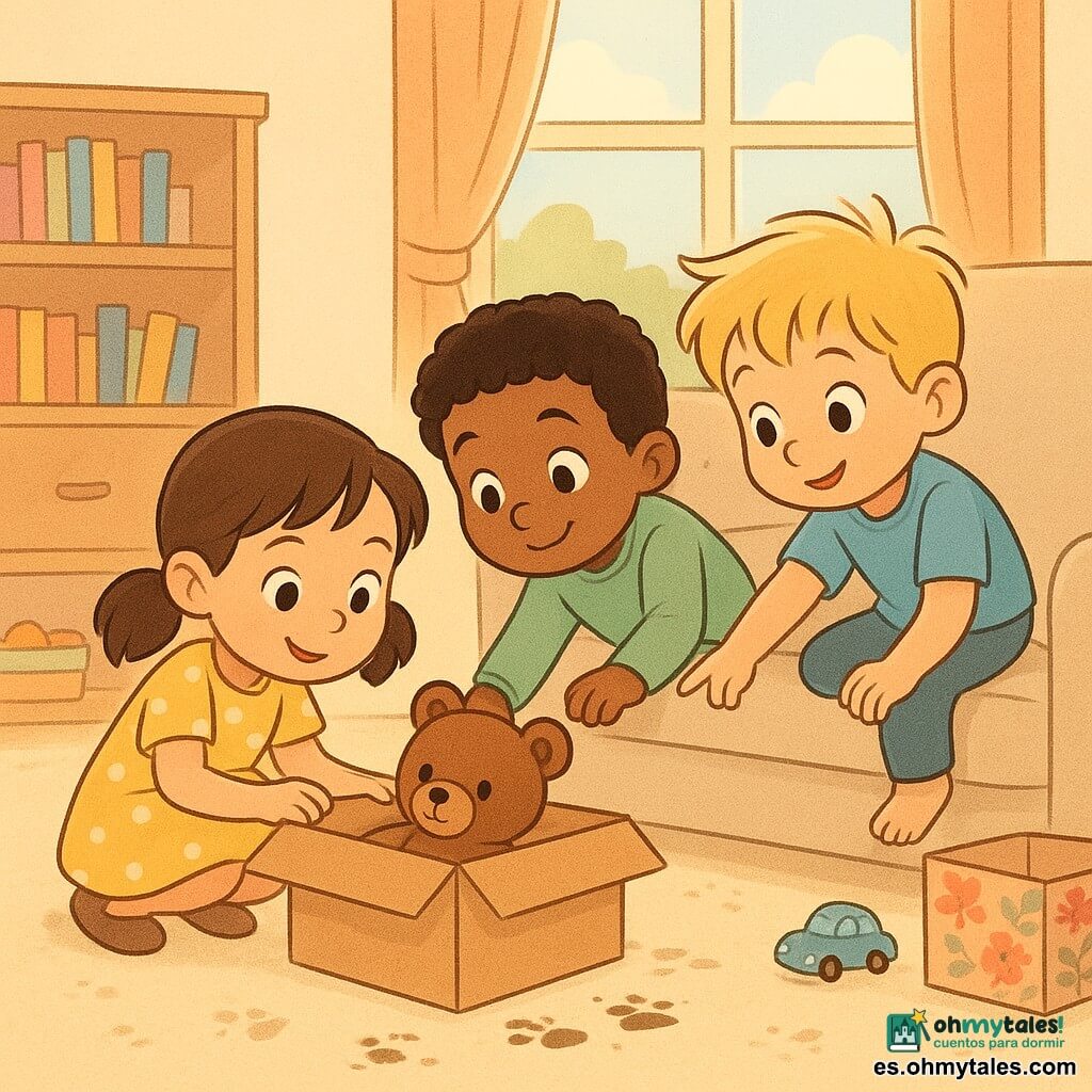 Hay tres niños: Ana, ~5 años, coletas castañas, vestido amarillo con lunares blancos, agachada a la izquierda sonriendo mientras mira una pequeña caja de papel; Leo, ~5 años, pelo rubio despeinado, camiseta azul, de rodillas en el sofá a la derecha, estira la mano hacia un osito de peluche inclinando la cabeza curioso; Sam, ~6 años, en una pequeña silla de ruedas, pelo corto negro, jersey verde claro, al frente señalando huellas de barro hacia la caja; en un salón cálido y luminoso con gran ventana, alfombra crema con huellas de barro, sofá beige, mesa baja de madera clara y juguetes esparcidos, los tres descubren juntos un osito de peluche marrón en una caja de papel abierta, con huellas de barro que conducen a ella, risas dibujadas en ondas y expresiones curiosas y alegres, atmósfera suave y segura y colores cálidos.