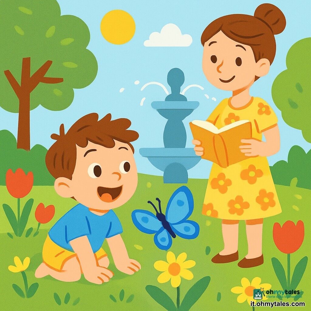 Un bambino di 2 anni, con capelli castani disordinati e un grande sorriso gioioso, è accovacciato in un giardino pieno di fiori. Indossa una maglietta blu e pantaloni corti gialli, i suoi occhi brillano di meraviglia mentre osserva una bella farfalla azzurra che vola intorno a lui. Vicino a lui, sua madre, una donna di circa trent'anni con capelli castani raccolti in un chignon, sorride teneramente guardando il figlio giocare. È in piedi vicino a una fontana, indossando un vestito leggero a fiori, e tiene un libro tra le mani. Il giardino è un vero quadro primaverile, pieno di tulipani rossi, margherite gialle e un'erba verde brillante. La luce del sole filtra tra le foglie degli alberi, creando ombre danzanti sul terreno. In questa scena, il bambino è affascinato dalla farfalla azzurra che si posa su un fiore, mentre la madre lo osserva con tenerezza, circondati dalla bellezza colorata del giardino primaverile.