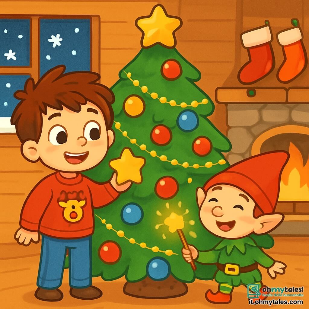 Un ragazzo di 6 anni, con capelli castani in disordine e occhi pieni di curiosità, si trova davanti a un grande albero di Natale decorato con ghirlande scintillanti e palline colorate. Indossa un maglione rosso con un motivo di renna e jeans, mostrando un sorriso meravigliato. Accanto a lui, un folletto burlone, piccolo e vivace, con un cappello rosso a punta e orecchie a punta, ride tenendo una bacchetta magica che brilla. La scena si svolge in un salotto accogliente, con pareti in legno e un camino in pietra dove arde un fuoco. Calze di Natale sono appese sopra il camino, e fiocchi di neve cadono dolcemente all'esterno. Il ragazzo e il folletto decorano l'albero con stelle di carta e ghirlande scintillanti, creando un'atmosfera gioiosa e magica.