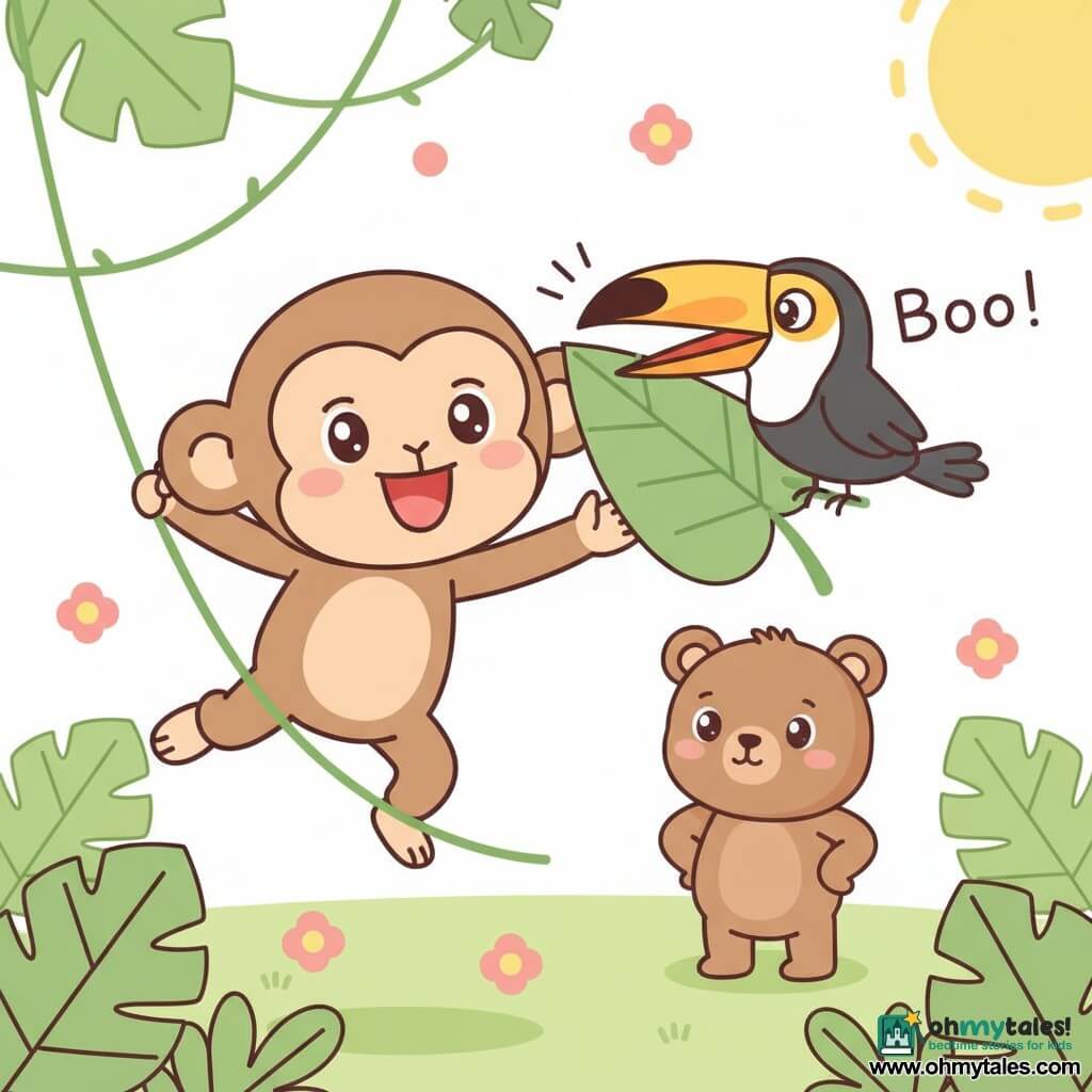 A light-brown monkey with small round ears, big shiny eyes and a joyful, playful smile swings on a green vine reaching forward as a colorful toucan with a large orange-yellow beak, black feathers and a white chest pops out at face height shouting Boo!, while a small soft-furred brown bear with a rounded silhouette and curious gaze stands back on the jungle floor with paws on hips observing; the bright, simple jungle has stylized large green leaves, thin vines, a few pink flowers and a large yellow sun top-right — a centered, joyful hide-and-seek moment with surprised, laughing expressions, bold outlines, rounded shapes and vivid colors.