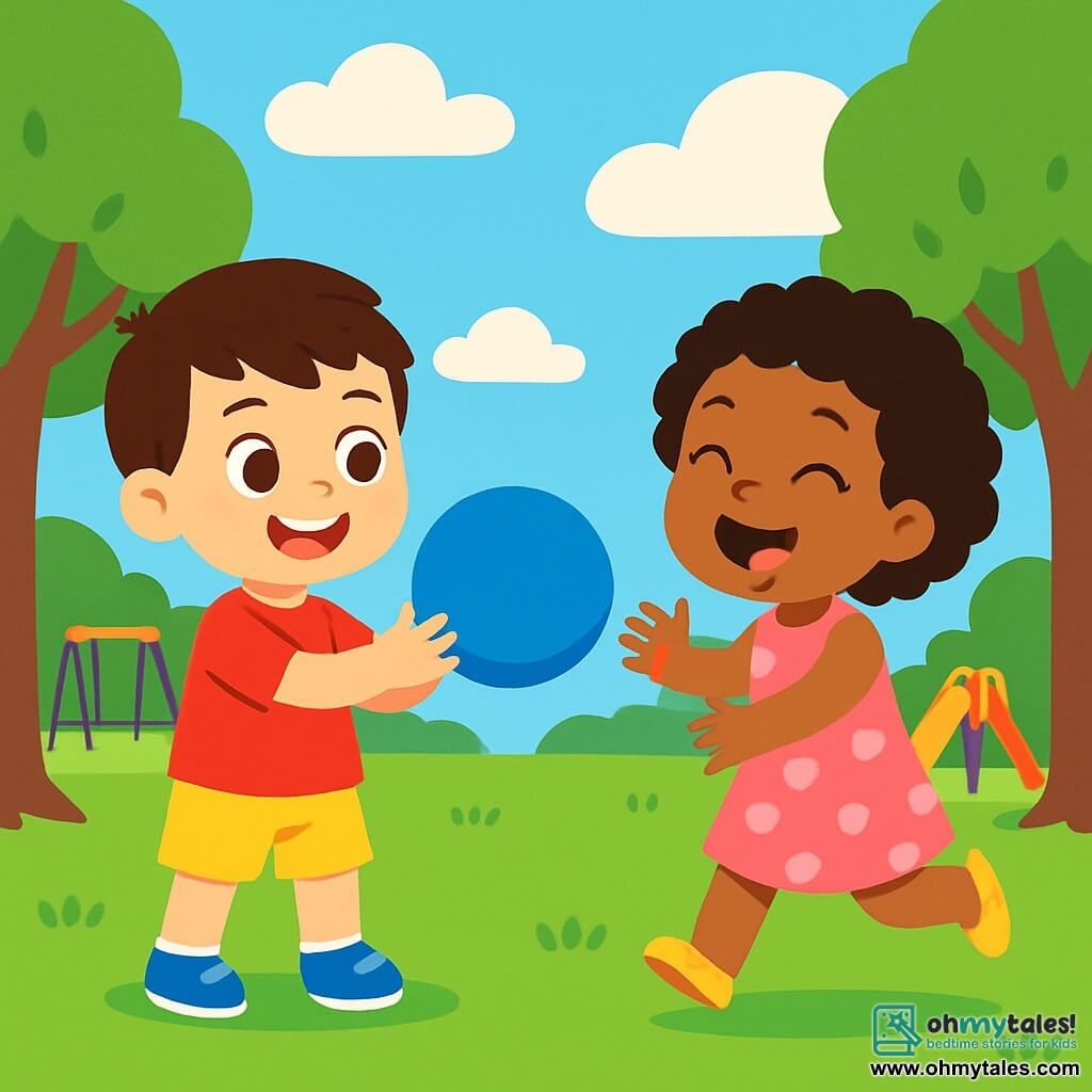 A 4-year-old boy named Leo, with brown hair and sparkling eyes, joyfully smiles while holding a blue balloon. He wears a red t-shirt and yellow shorts, standing on the green grass of the park. Next to him, a 4-year-old girl named Maya, with curly hair and caramel skin, laughs as she runs to catch the balloon Leo just threw. The park is filled with tall trees with green leaves, and the sky is bright blue with a few fluffy white clouds. In the background, there is a swing and a colorful slide. In this scene, Leo and Maya are playing together, sharing laughter and joy, illustrating friendship and diversity.