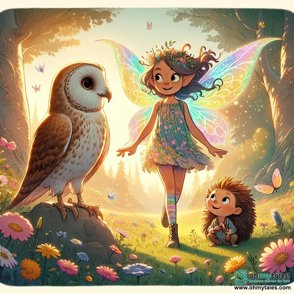 In a sunny clearing of Glimmerwood, a young pixie named Lila, with shimmering rainbow-colored wings, shows deep determination on her face. She is small, with long wavy hair and a dress made of flower petals, standing on a stone and pointing towards a group of friends gathered around her. Beside her, Ollie, the wise owl with brown feathers and big round eyes, watches Lila closely, his expression full of wisdom and encouragement. He perches on a low branch, ready to support his friend in her quest. A small hedgehog named Pip, with messy spines and grateful bright eyes, stands near Lila, listening intently to her words. His face shows hope as he sits on the grass surrounded by colorful flowers. The location is a lush clearing bathed in golden light, with majestic trees and vibrant flowers dancing in the breeze. A sparkling stream nearby adds a touch of magic to the environment. The main scene shows Lila, Ollie, and Pip united in a moment of determination as they plan together how to restore the magic of Glimmerwood and help other creatures in need. Their expressions convey hope and solidarity, illustrating the power of friendship in the face of adversity.