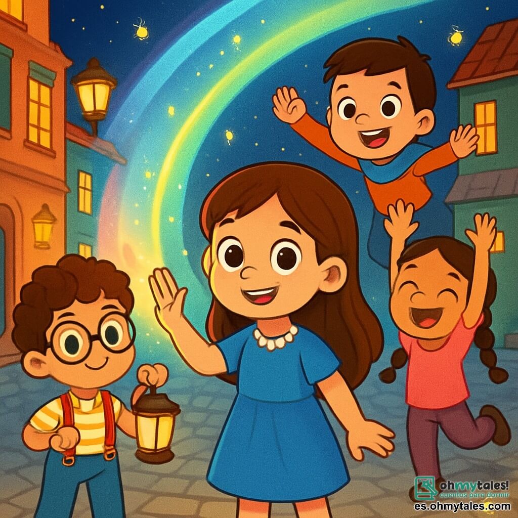 Hay 4 niños: - Lucía: una niña de 8 años, con grandes ojos brillantes y largos cabellos castaños, lleva un vestido azul y un collar de perlas brillantes. Se encuentra en el centro, tocando la barrera mágica con una mano, con una sonrisa decidida en el rostro. - Tomás: un niño de 7 años, con cabello rizado y gafas redondas, vestido con una camisa a rayas y tirantes rojos. Está a la izquierda de Lucía, sosteniendo una pequeña linterna mágica que brilla con una luz suave. - Mariana: una niña de 6 años, con trenzas largas y una camiseta rosa, que baila alegremente a la derecha de Lucía, con los brazos levantados hacia el cielo. - Diego: un niño de 9 años, con cabello corto y una bufanda azul, se encuentra detrás de Lucía, listo para saltar, mostrando una expresión valiente. El lugar es una calle adoquinada de la ciudad de Brillapiedra, rodeada de casas antiguas con fachadas coloridas, con faroles iluminados que proyectan una luz dorada. Al fondo, una barrera mágica brillante, similar a una suave aurora boreal, rodea la ciudad, creando una atmósfera de misterio y magia. La situación principal muestra a los niños protegiendo la barrera mágica, mientras luciérnagas bailan a su alrededor, iluminando la noche estrellada. Los niños tienen expresiones de determinación y alegría, listos para defender su ciudad contra las sombras misteriosas que se acercan.