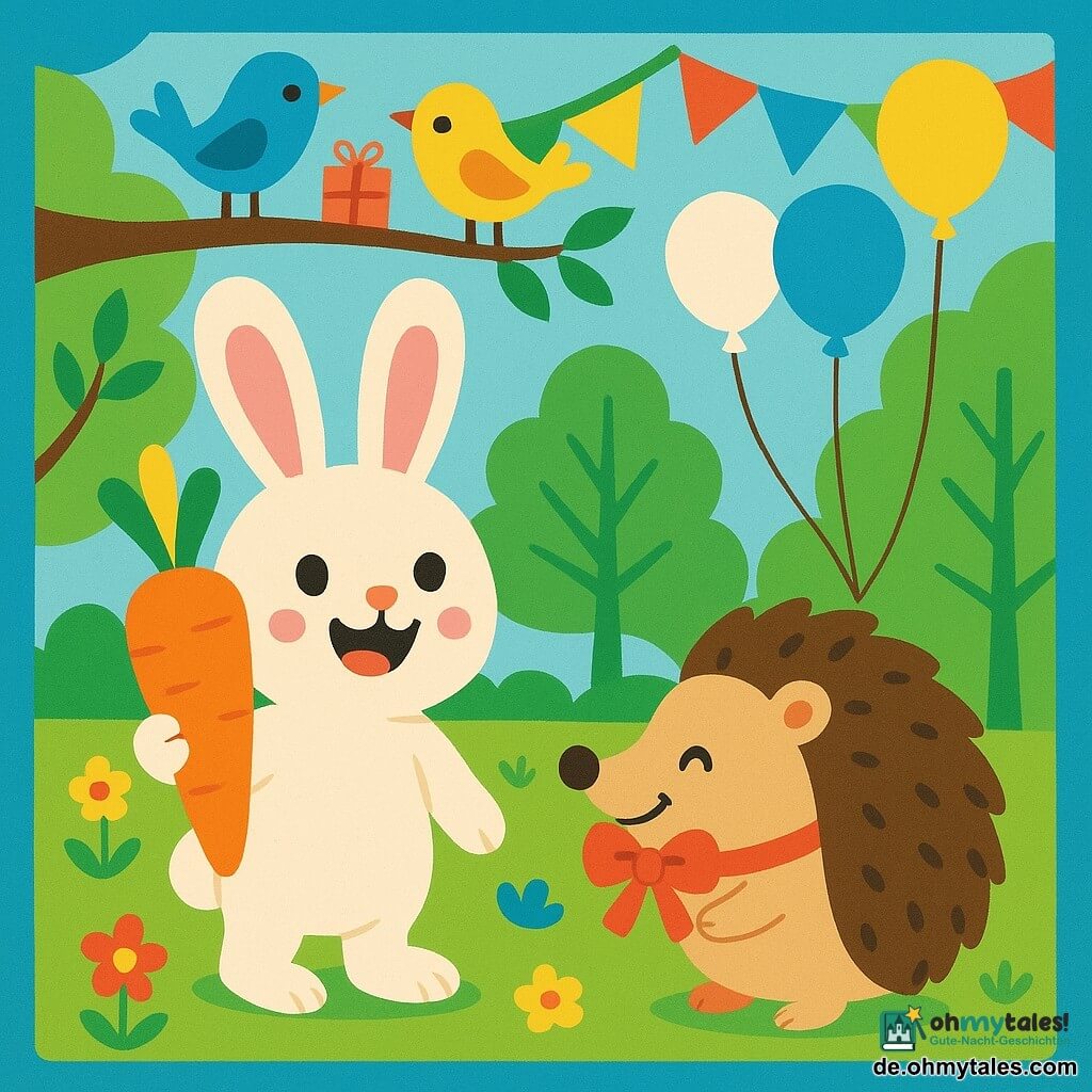Ein kleiner weißer Hase mit langen rosa Ohren und flauschigem Fell, runde schelmische Augen und breites fröhliches Lächeln, hält im Vordergrund eine glänzende orange Karotte; daneben leicht zurückgesetzt ein rundlicher brauner Igel mit roter Schleife im Maul, konzentriert und fröhlich; links auf einem Ast drei bunte Vögel (blau, gelb, rot) mit klaren Federn, die kleine Geschenkpakete tragen; Hintergrund: sonnige Waldlichtung mit stilisierten grünen Bäumen, bunten Girlanden, pastellfarbenen Luftballons und Blumenboden; Szene: Vorbereitung einer Geburtstagsfeier, festliche helle Stimmung, breite kontrastreiche Formen, kräftige Farben und weiche Konturen, Ausdruck von Freude und Freundschaft.
