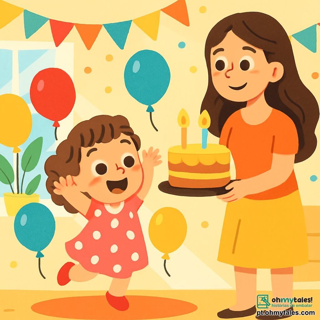 Uma menina de 2 anos, com grandes olhos brilhantes e cabelos cacheados, veste um vestido rosa com bolinhas brancas. Ela salta de alegria, com um grande sorriso no rosto, cercada por balões coloridos que flutuam ao seu redor. Ao lado dela, sua mãe, uma mulher sorridente de cerca de 30 anos, com cabelos longos e castanhos, segura um bolo de aniversário decorado com velas cintilantes. Ela está ligeiramente ao fundo, olhando para a filha com ternura. A cena acontece em uma sala iluminada, cheia de guirlandas coloridas e decorações festivas, com raios de sol filtrando pelas janelas. A menina está descobrindo a surpresa de seu aniversário, encantada com as decorações e o bolo que a espera.