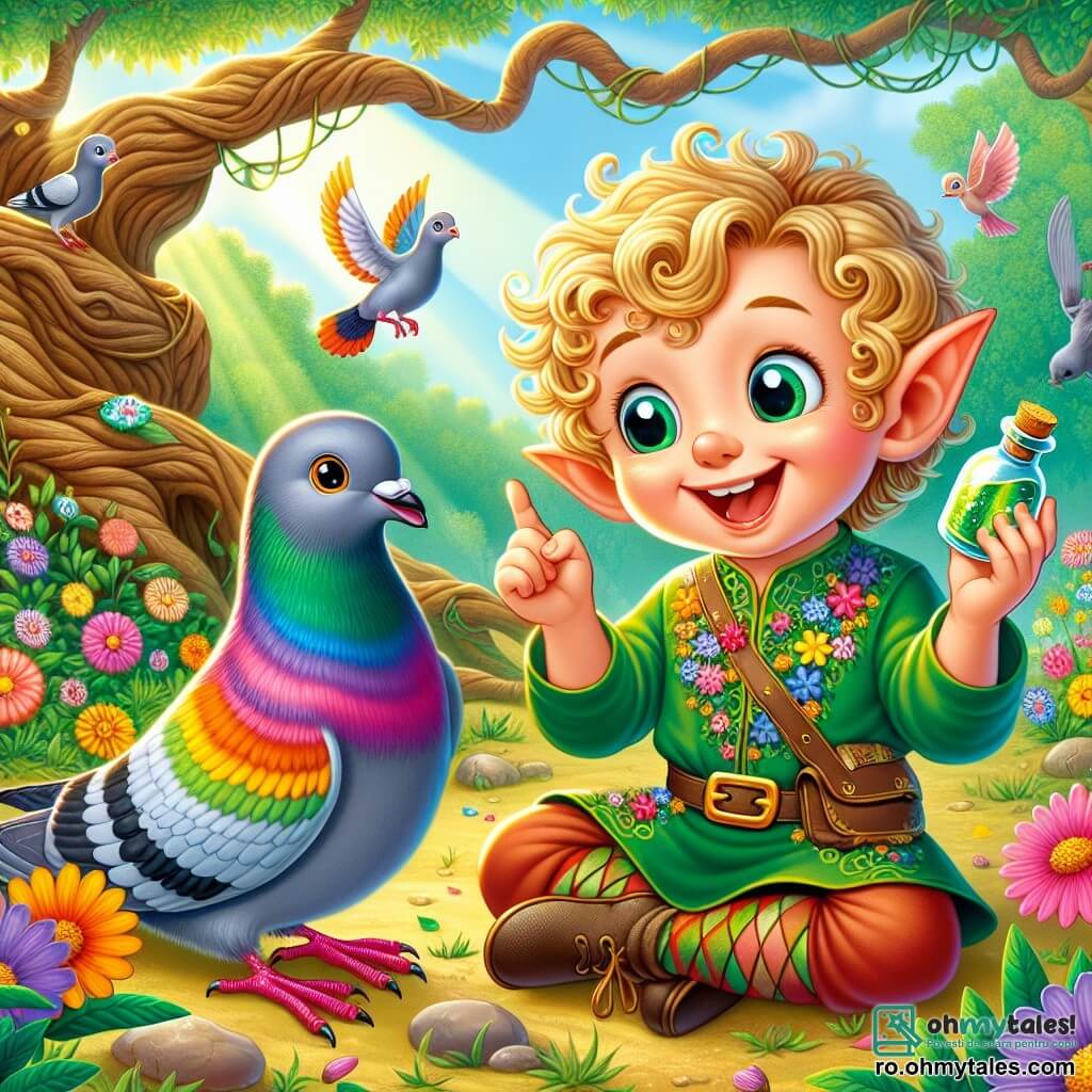 Un elf vesel, pe nume Elfi, se află în centrul imaginii. Are ochi mari strălucitori de fericire, păr blond creț și urechi ascuțite. Poartă o tunică verde împodobită cu flori colorate și zâmbește larg în timp ce ține o mică sticlă strălucitoare plină cu o poțiune magică. Lângă el, un porumbel pe nume Pluș, cu pene strălucitoare în toate culorile curcubeului, zboară vesel în jurul lui. Pluș are un aer jucăuș și pare pregătit să-și ajute prietenul elf. În fundal, Pădurea Minunată se întinde cât vezi cu ochii, cu copaci majestuoși și flori multicolore care dansează în vânt, iar razele de soare filtrează printre frunze, creând o atmosferă încântătoare. Scena îi arată pe Elfi și Pluș sărbătorind succesul poțiunii lor magice, înconjurați de plante care înfloresc strălucitor, în timp ce animale curioase, precum iepuri și păsări, îi observă cu uimire.