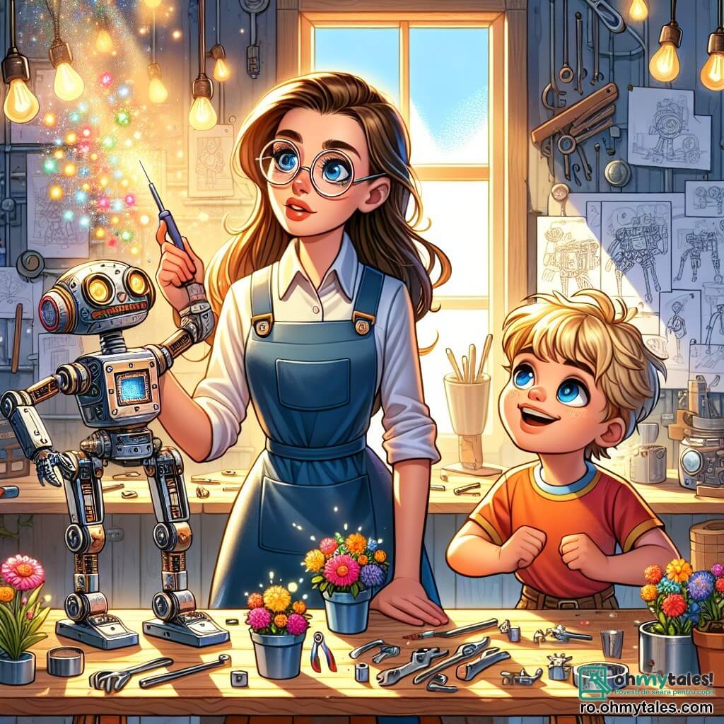 O tânără pe nume Elena, cu părul lung brunet și ochelari rotunzi, este concentrată pe construirea unui robot în atelierul ei colorat. Poartă o blouse de lucru albastră, iar fața ei exprimă concentrare și bucurie. Lângă ea, un băiat de 8 ani pe nume Andrei, cu părul blond și ochi curioși, observă cu uimire robotul care plantează flori. Atelierul este un loc magic, plin de unelte strălucitoare, schițe pe pereți și piese mecanice pe mese din lemn. Razele soarelui pătrund printr-o fereastră, iluminând spațiul cu o lumină caldă. Elena activează un comutator mic, iar robotul, cu brațe articulate și lumini intermitente, începe să se miște pentru a planta flori colorate în ghivece, creând o atmosferă de creativitate și aventură.