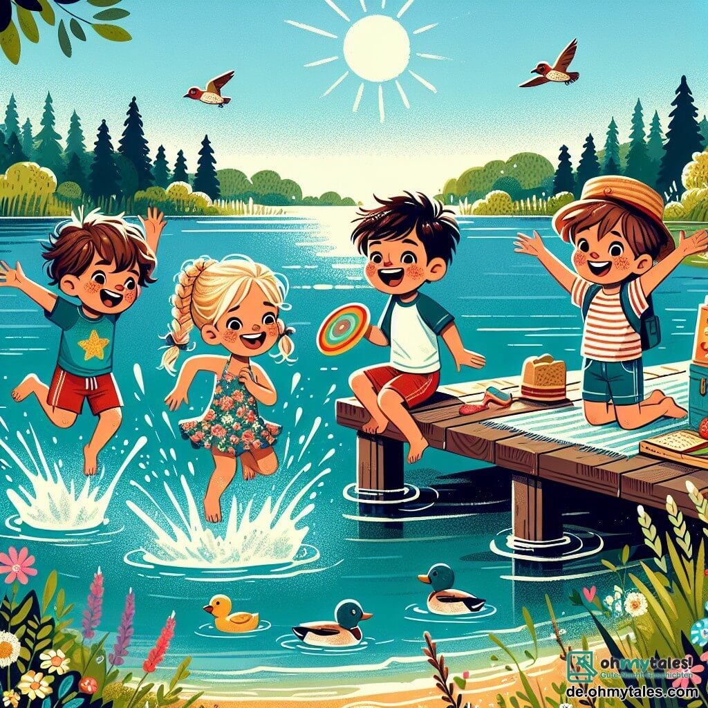 In einer sonnigen Umgebung am Ufer eines Sees sind vier Freunde versammelt, um ihre Sommerferien zu genießen. Lukas, ein 10-jähriger Junge mit zerzausten braunen Haaren und einem blauen T-Shirt, lacht, während er in das kristallklare Wasser springt und Spritzer hinterlässt. Neben ihm steht Mia, ein 9-jähriges Mädchen mit blonden Zöpfen und einem blumenbedruckten Badeanzug, die lächelt und einen bunten Frisbee in der Hand hält, bereit ihn zu werfen. Ben, ein 10-jähriger Junge mit Brille und roter Shorts, steht am Rand des Stegs mit erhobenen Armen, bereit ins Wasser zu springen. Schließlich sitzt Clara, ein 9-jähriges Mädchen mit braunen Haaren und einem Strohhut, auf einem Handtuch und schaut mit einem breiten Lächeln auf ihre Freunde, während sie ein Sandwich in der Hand hält. Der See funkelt in der Sonne, umgeben von grünen Bäumen und Wildblumen, was eine fröhliche und sommerliche Atmosphäre schafft. Enten schwimmen friedlich in der Nähe, und bunte Schmetterlinge fliegen um sie herum. Die Hauptsituation zeigt die vier Freunde, die gemeinsam Spaß haben, lachen und im Wasser spielen, was den unbeschwerten und fröhlichen Geist der Sommerferien symbolisiert.