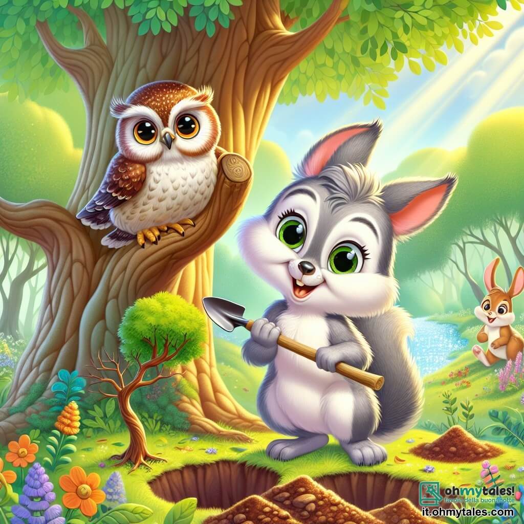 Un giovane scoiattolo grigio, di nome Tillo, con una pelliccia morbida e una grande coda folta, è in piedi su un ramo di un maestoso albero, con lo sguardo scintillante di eccitazione e determinazione. Tiene una piccola pala di legno e guarda con orgoglio un buco nel terreno dove ha appena piantato un giovane albero. Accanto a lui, un vecchio gufo saggio, con piume marroni e occhi rotondi e penetranti, osserva la scena con aria soddisfatta, posato su un ramo inferiore, annuendo con approvazione. Un gruppo di conigli dai pelaggi morbidi e grandi orecchie, con espressioni gioiose, scava il terreno nei dintorni per piantare altri alberi, aggiungendo vita alla scena. Il contesto è un magnifico boschetto verdeggiante, con raggi di sole che filtrano tra le foglie, illuminando il terreno cosparso di fiori colorati e foglie dorate. Sullo sfondo, un ruscello scintillante serpeggia attraverso il paesaggio, circondato da cespugli fioriti. La situazione principale mostra Tillo e i suoi amici in azione, che lavorano insieme per piantare nuovi alberi, simboleggiando unità e amore per la natura, in un'atmosfera gioiosa e collaborativa.
