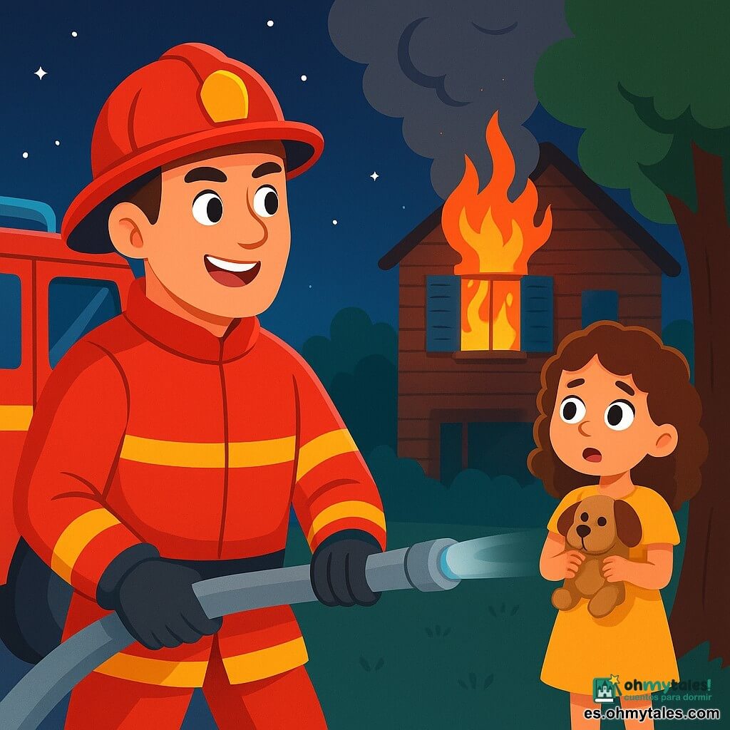 Un bombero hombre, de unos treinta años, con un uniforme rojo brillante y un casco reluciente, está de pie junto a su camión de bomberos. Su rostro expresa determinación y emoción, sus ojos brillan de adrenalina mientras mira hacia la casa en llamas. Cerca, una niña de 7 años, con cabello rizado y un vestido amarillo, observa con ojos muy abiertos, sosteniendo un peluche en forma de perro contra ella. Está fascinada y un poco preocupada, resguardándose detrás de un árbol, a salvo. La escena se desarrolla frente a una casa de madera con contraventanas azules, que emite humo negro. Las llamas bailan a través de una ventana, iluminando la oscura y estrellada noche. La situación principal muestra al bombero listo para intervenir, con una manguera en las manos, mientras la niña observa, esperando que todo salga bien.