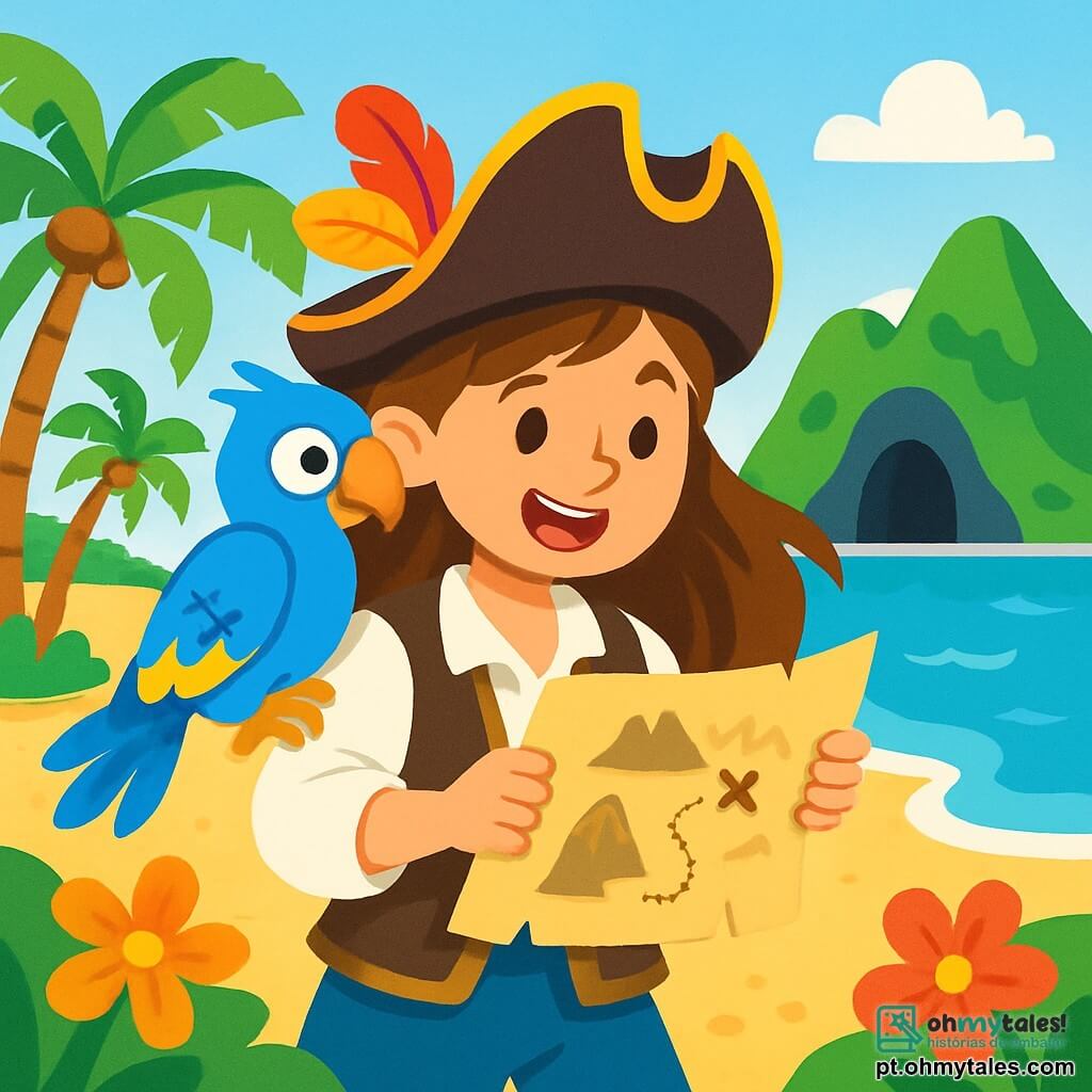 Uma jovem pirata, Maricela, com longos cabelos castanhos ao vento, sorri alegremente enquanto segura um velho pergaminho nas mãos. Ela usa um chapéu de pirata adornado com penas coloridas e uma camisa branca com um colete de couro. Ao seu lado, um papagaio azul chamado Pipo, com penas brilhantes, está pousado em seu ombro, olhando o pergaminho com curiosidade. A cena acontece em uma praia tropical ensolarada, cercada por palmeiras verdes e flores coloridas. A areia é dourada e macia, e ondas suaves lambem a costa. Ao fundo, uma pequena ilha misteriosa se destaca, com montanhas verdes e uma caverna escura. Maricela e Pipo descobrem um antigo tesouro seguindo um velho mapa, cheios de emoção e coragem, prontos para entrar na caverna em busca do tesouro escondido.