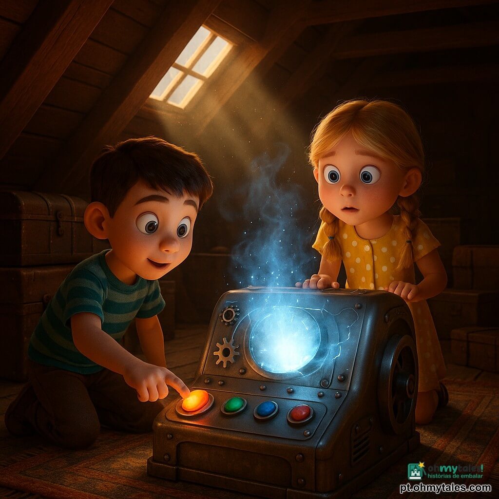 Dois personagens: garoto de 9 anos, Lucas, cabelo castanho curto, camiseta listrada azul e verde, calças de tecido, agachado à esquerda da máquina estendendo a mão para tocar um botão luminoso, rosto maravilhado; garota de 8 anos, Sofia, cabelo loiro comprido em duas tranças, vestido amarelo com bolinhas brancas, em pé logo atrás da máquina à direita com as mãos na borda metálica, olhar surpreso para a luz. Local: sótão de madeira com vigas aparentes, pó visível nos raios dourados que entram por uma claraboia, baús e malas antigas empilhados, tapete gasto; no centro, uma máquina do tempo de metal polido com engrenagens expostas, botões coloridos (vermelho, verde, azul), indicadores luminosos e pequenas faíscas. Situação: as crianças descobrem a máquina do tempo; um botão foi apertado e uma luz branco-azulada emite um halo de fumaça leve e partículas cintilantes ao redor, expressões de admiração e leve apreensão; composição próxima, cores quentes do sótão contrastando com a luz fria da máquina.