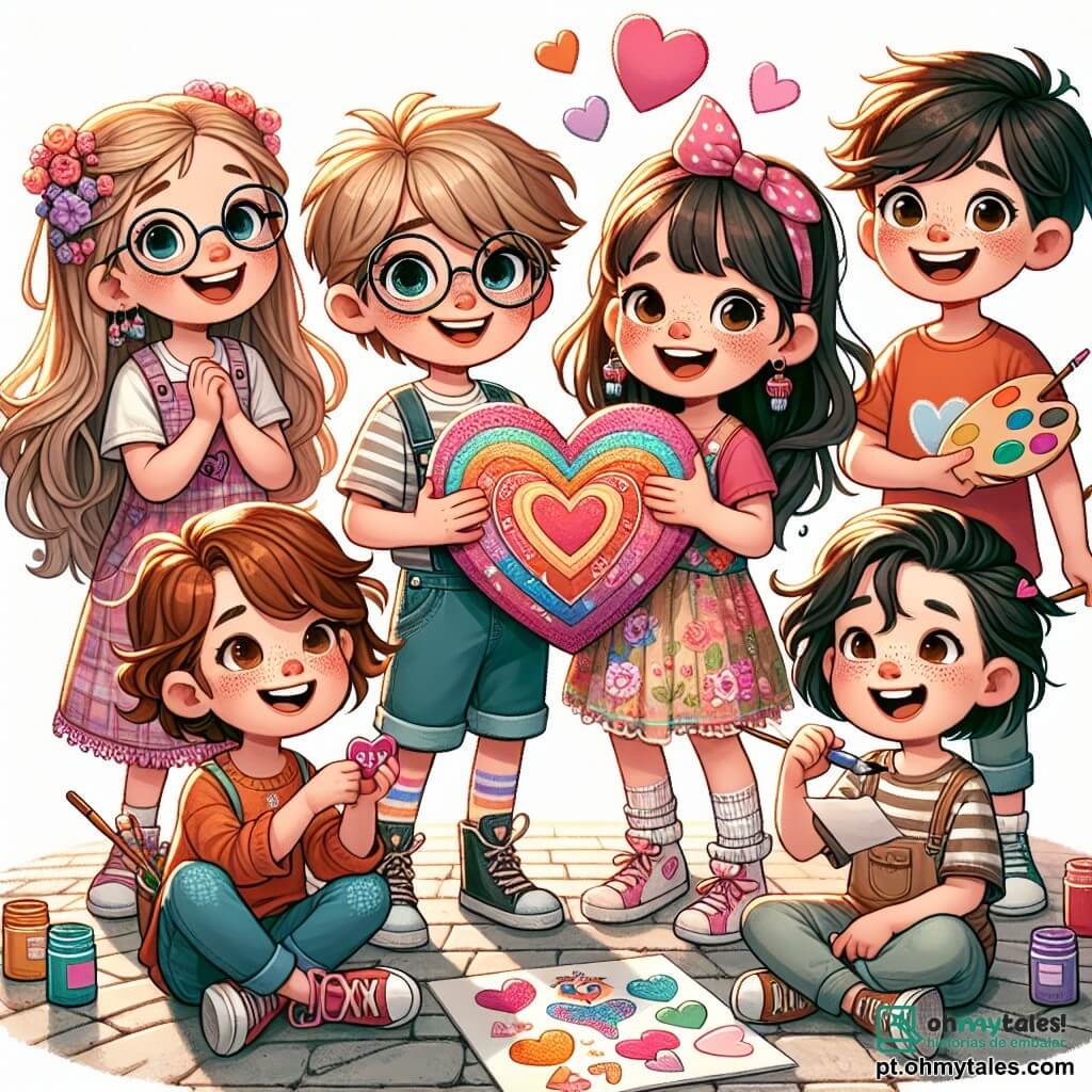Em uma linda praça ensolarada, cinco crianças se reúnem para celebrar o Dia dos Namorados. Clara, uma menina de oito anos com longos cabelos castanhos e óculos redondos, segura um grande coração de papel colorido, sorrindo alegremente. Ao seu lado, Léo, um menino de oito anos com cabelos loiros bagunçados e uma camiseta vermelha, exibe orgulhosamente um colar de contas que fez. Ana, uma menina de sete anos com tranças e um vestido florido, ri ao oferecer um pequeno presente a Pedro, um menino de nove anos com óculos e uma camiseta listrada, que faz uma careta engraçada. Sofia, uma menina de oito anos com cabelos cacheados e uma camiseta roxa, segura uma paleta de pintura, pronta para criar um mural sobre a amizade. A cena acontece em uma charmosa praça cercada por árvores floridas, com balões coloridos flutuando no ar e um grande painel decorado com corações ao fundo. As crianças estão sentadas em círculo, trocando presentes e sorrisos, enquanto compartilham risadas e histórias, celebrando assim sua amizade em uma alegre festa do Dia dos Namorados.