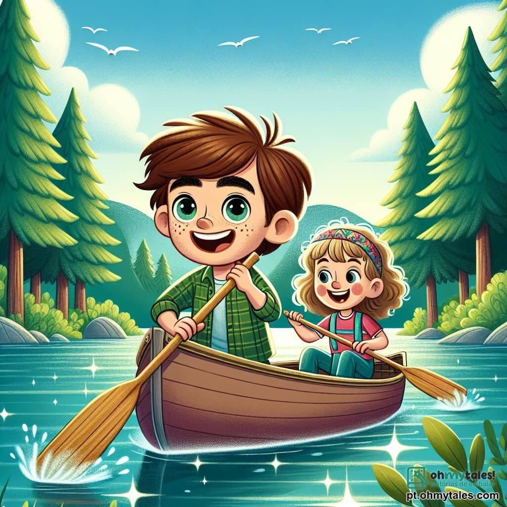 Um garoto de 12 anos, chamado Pedro, com cabelos castanhos bagunçados e olhos brilhantes de curiosidade, está em um pequeno caiaque no meio de um lago cintilante. Ele sorri amplamente, com as bochechas levemente rosadas de empolgação, enquanto segura um remo em cada mão, pronto para remar. Ao seu lado, sua melhor amiga Sofia, uma menina de 11 anos com cabelos cacheados e uma faixa colorida, ri alegremente tentando manter o equilíbrio, com os braços levantados para não cair. Ao fundo, árvores majestosas cercam o lago, suas folhas verdes dançam sob a brisa leve, e o céu é de um azul vibrante salpicado de algumas nuvens brancas e fofas. A cena transmite uma atmosfera de alegria e aventura, ilustrando o momento em que Pedro e seus amigos descobrem os prazeres do caiaque durante suas férias de verão no acampamento.