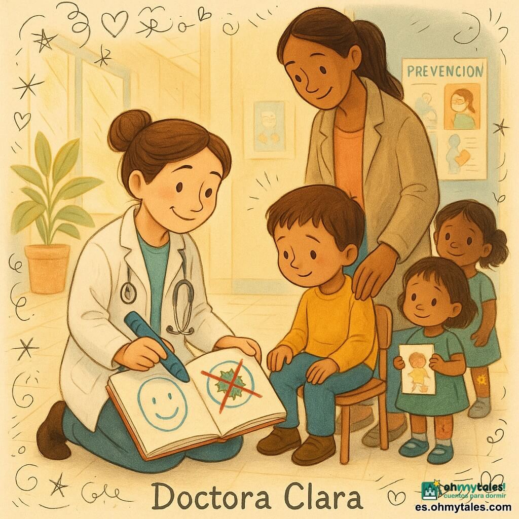 La doctora Clara, sonriente y amable, arrodillada con bata blanca y cabello recogido en moño, sostiene un lápiz azul grande y un cuaderno de dibujos en las rodillas; un niño de 5 años, tímido y curioso, pelo corto castaño, juega con el lápiz y dibuja una garganta sonriente y un pequeño monstruo verde mientras está sentado en una sillita junto a la doctora y sujeta la mano de su madre; la madre, de 30–35 años, cabello largo recogido y abrigo ligero, está detrás con la mano en el hombro y sonrisa tranquilizadora; al fondo dos niñas (6 y 4 años) muestran un dibujo, una con rodillera y una tirita en forma de estrella en la pierna; el pasillo del centro de salud es luminoso, suelo de baldosa clara, rayos de sol por una gran ventana, paredes pastel con carteles de prevención y dibujos de niños, una planta en maceta y un cartel reparado; escena principal: la doctora calma el miedo del niño dibujando juntas, ambiente dulce, colorido y reconfortante, gestos tranquilos, expresiones relajadas, dibujos ingenuos y el monstruo verde tachado con una cruz roja.