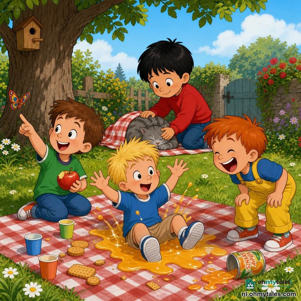 Er zijn vier kinderen: Tim, jongen van ~6 jaar met warrig blond haar en blauw T‑shirt, zit in het midden in een klein plasje sinaasappelsap, handen omhoog en verbaasd maar lachend; Sam, jongen ~6 jaar met kort bruin haar en groen hemd, links van Tim, houdt een grote rode appel vast en wijst naar een vlinder; Max, jongen ~7 jaar met rood haar en gele tuinbroek, rechts van Tim, voorovergebogen en schaterlachend met een omgevallen blikje bij zijn voeten; Joep, jongen ~6 jaar met zwart haar en rood sweatshirt, knielt achter de groep en aait een grijze poes die onder een deken sliep. Locatie: een zonnig tuinhoekje met dicht groen gras en kleine witte madeliefjes, een grote eik links, een rood‑wit geruite picknickdeken, stapel stenen, kartonnen bekers en kruimels verspreid. Hoofdscene: een vrolijke picknick waarbij de deken beweegt, de poes verschijnt, een kind in een plas sap is gevallen en de anderen lachen, felle kleuren, zachte ronde vormen en een grappige, warme sfeer met de vier vrienden en de fonkelende plas centraal.