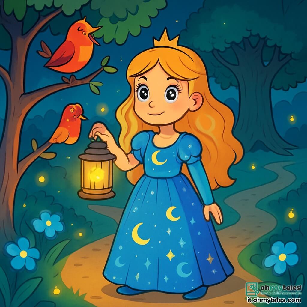 La principessa Lira, una ragazza di circa 12 anni, ha lunghi capelli ondulati color oro e occhi brillanti come stelle. Indossa un vestito blu scintillante, decorato con motivi di lune e stelle, e il suo viso esprime una dolce e coraggiosa determinazione. Si trova al centro di un sentiero forestale, tenendo una lanterna magica che emette una luce calda. Accanto a lei, un usignolo dai piumaggi brillanti canta gioiosamente, posato su un ramo, portando vita alla scena. Un po' più in là, si erge la silhouette di una maestosa quercia, le cui foglie frusciano dolcemente al vento. Il luogo è una foresta incantata, con alberi dai tronchi argentati e fiori luminosi che brillano nell'oscurità. Lucciole danzano attorno a loro, creando un'atmosfera magica e misteriosa. La situazione principale mostra Lira, determinata a scegliere il giusto cammino per ritrovare l'armonia tra le due lune, mentre scruta il sentiero che si divide davanti a lei, il cuore che batte d'eccitazione e apprensione.