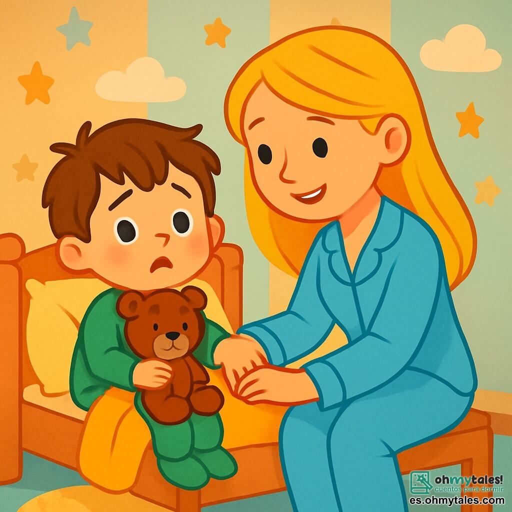 Un niño pequeño de 2 años, con cabello castaño desordenado y grandes ojos curiosos, está sentado en su cama. Su rostro expresa una ligera preocupación, con las cejas fruncidas y la boca en forma de "o". Sostiene un peluche, un oso marrón, contra su pecho. Su mamá, una mujer de unos 30 años con cabello largo y rubio, se inclina hacia él con una sonrisa tranquilizadora. Lleva un pijama azul claro y está sentada al borde de la cama, sujetando la mano de su hijo para reconfortarlo. La escena se desarrolla en una habitación infantil acogedora, decorada con paredes en tonos pastel, con estrellas y nubes dibujadas. Una pequeña alfombra suave está en el suelo, y una luz nocturna en forma de luna ilumina suavemente la habitación, creando una atmósfera relajante. El niño, un poco asustado por los ruidos de la noche, escucha atentamente a su mamá que le explica que el viento mueve las ramas de los árboles afuera. Comparten un momento tierno, donde el amor y la seguridad disipan los miedos nocturnos.
