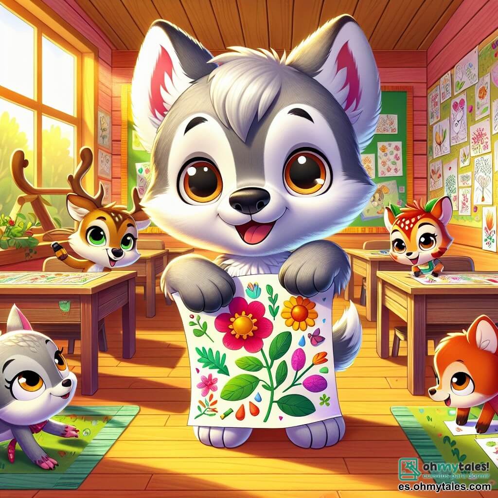Un pequeño lobo llamado Lupo, con un suave pelaje gris y ojos brillantes de curiosidad, se encuentra en el centro de la imagen, con una sonrisa nerviosa en el rostro, sosteniendo una gran hoja de papel de colores con dibujos de flores y árboles. A su derecha, Rolo, un pequeño ciervo de grandes ojos marrones y manchas blancas, salta de alegría, mostrando una amplia sonrisa mientras sostiene un lápiz en su pata, listo para dibujar. A la izquierda, Ana, una pequeña ardilla de pelaje rojizo y ojos chispeantes, mira a Lupo con admiración, sosteniendo un cuaderno de bocetos, llena de entusiasmo. El escenario es un aula de madera, luminosa y colorida, con paredes decoradas con dibujos de animales y plantas, ventanas que dejan entrar la luz del sol, y escritorios de madera donde otros animales esperan, impacientes. La escena muestra a Lupo, Rolo y Ana preparándose para su primera presentación en la escuela, rodeados de compañeros, todos emocionados y listos para compartir sus creaciones artísticas.