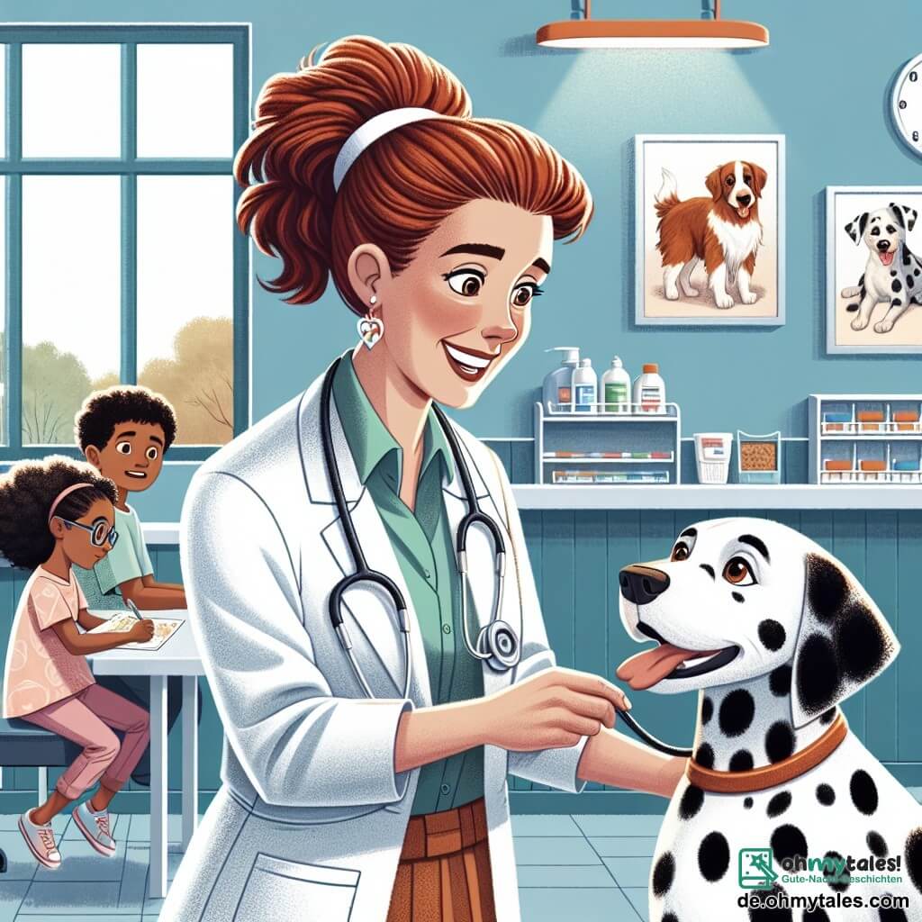 Eine Tierärztin, Dr. Lena Müller, ist eine Frau in ihren Dreißigern mit braunen Haaren, die zu einem Pferdeschwanz gebunden sind. Sie trägt einen weißen Kittel, ein Stethoskop um den Hals und zeigt einen Ausdruck von Konzentration und Freundlichkeit, während sie einen Dalmatiner auf einem Untersuchungstisch untersucht. Neben ihr beobachtet ein etwa 10-jähriges Mädchen mit lockigem Haar und Brille fasziniert. Sie hält ein Skizzenbuch und zeichnet Max, den Hund, während sie lächelt, begeistert von der Szene. Der Ort ist ein Untersuchungsraum einer Tierklinik mit hellblauen Wänden, lehrreichen Tierpostern und Regalen voller medizinischer Utensilien. Ein großes Fenster lässt Sonnenlicht herein, das den Raum erhellt. Die Hauptsituation zeigt Dr. Lena, die den Puls von Max, dem Dalmatiner, misst, der ruhig und glücklich wirkt, während das Mädchen, gefesselt, den Moment zeichnet und die Liebe und Fürsorge der Tierärzte für die Tiere veranschaulicht.